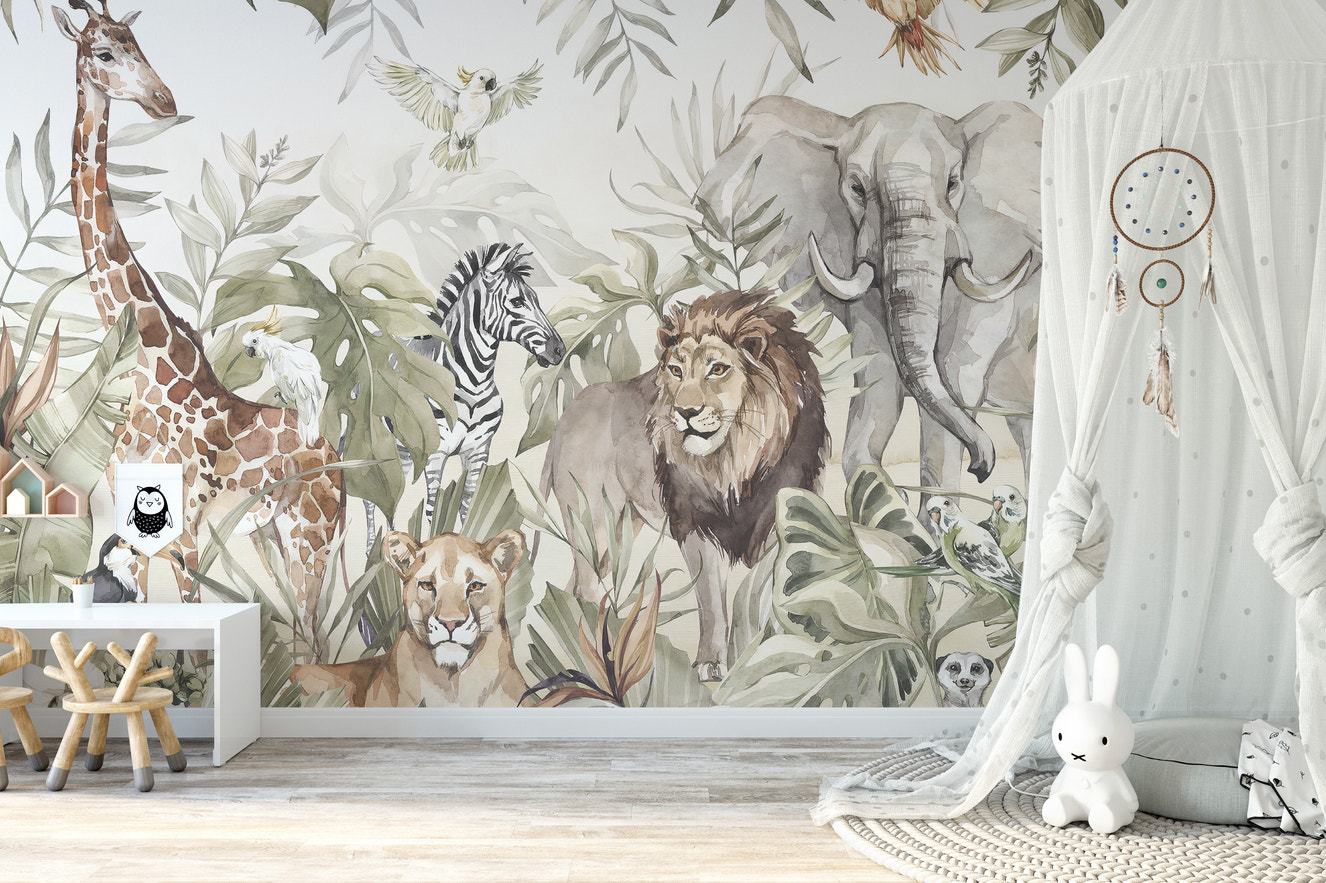 Forest fauna watercolor mural for walls
