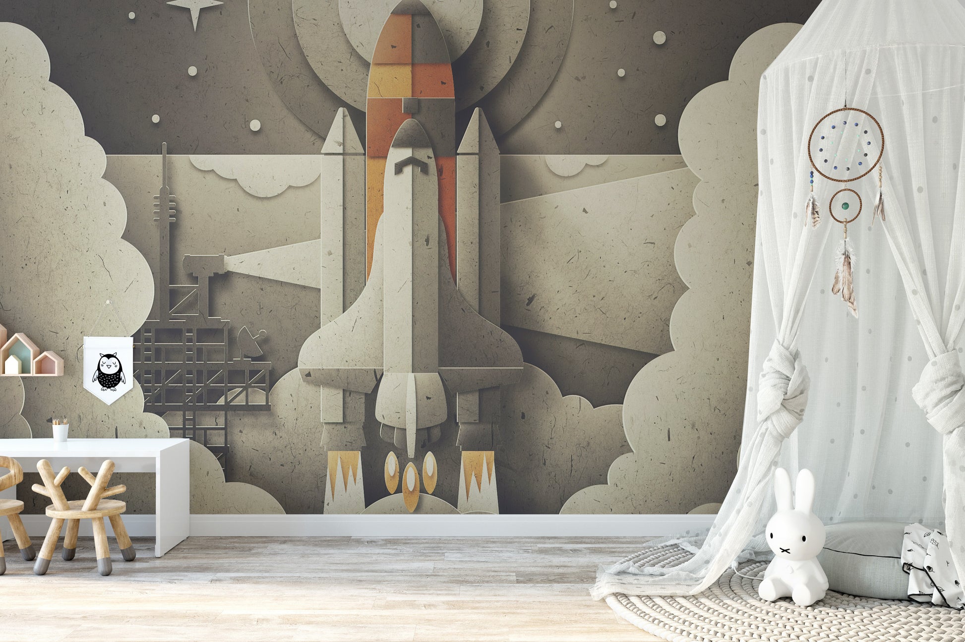 Rocket-themed kids room wall mural design
