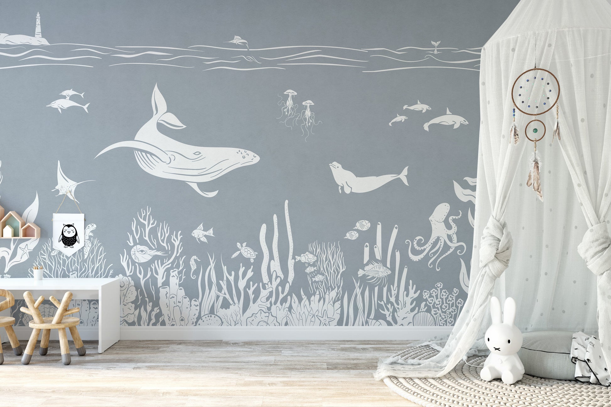 Blue sea-themed Monochrome mural for serene spaces.
