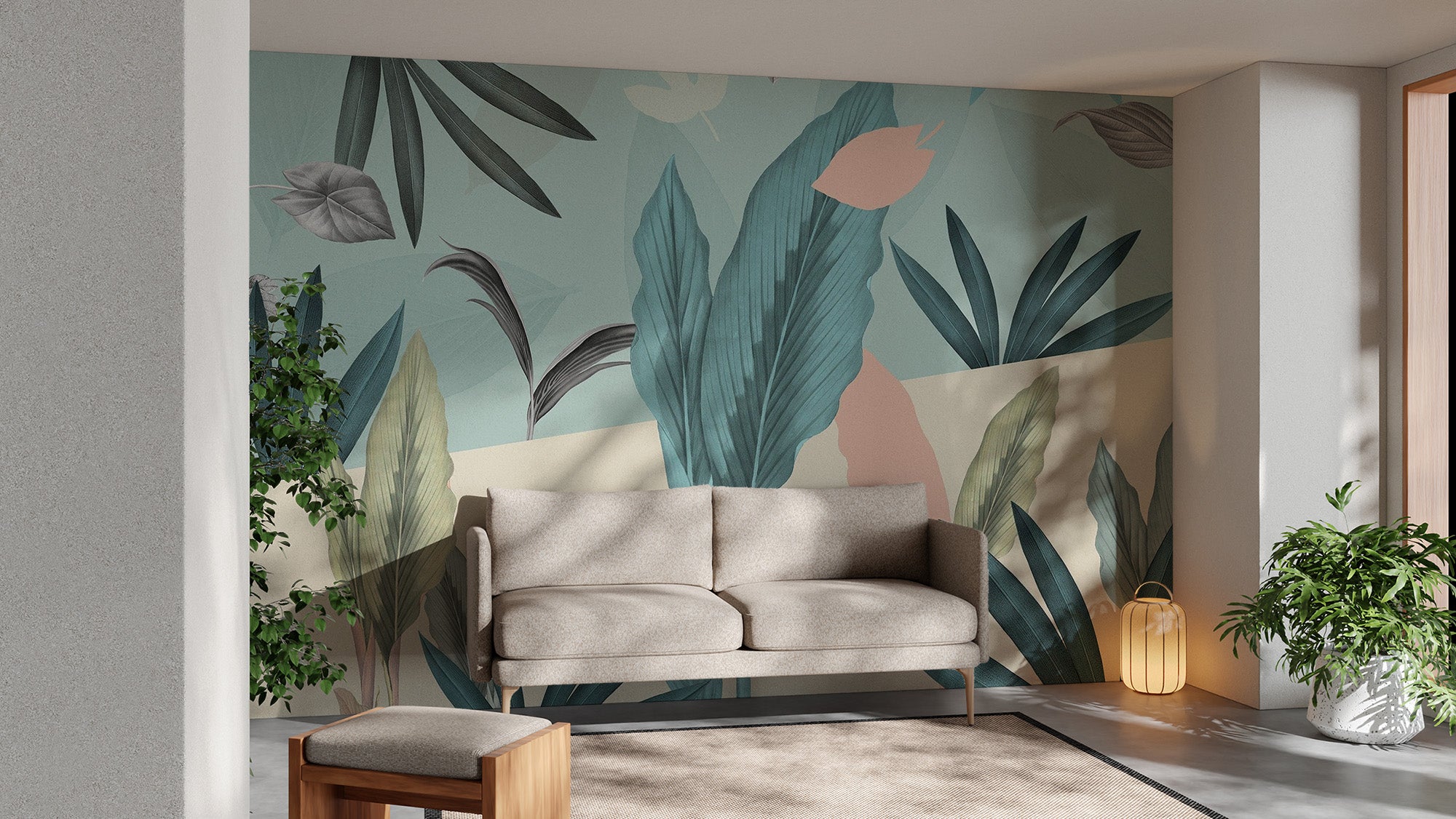 Sophisticated tropical leaves wallpaper with green tones
