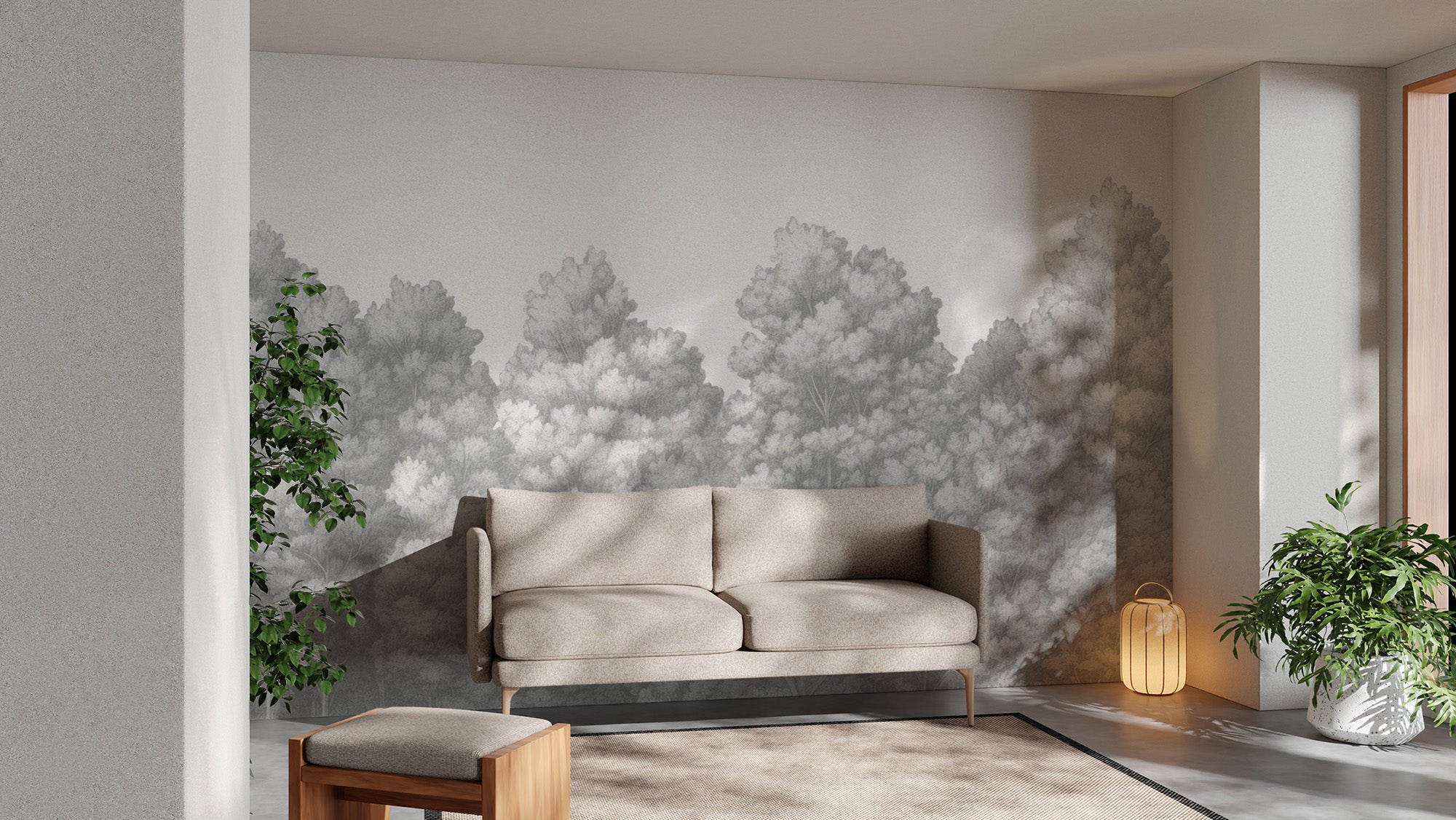 Subtle grey tree mural for modern and chic rooms
