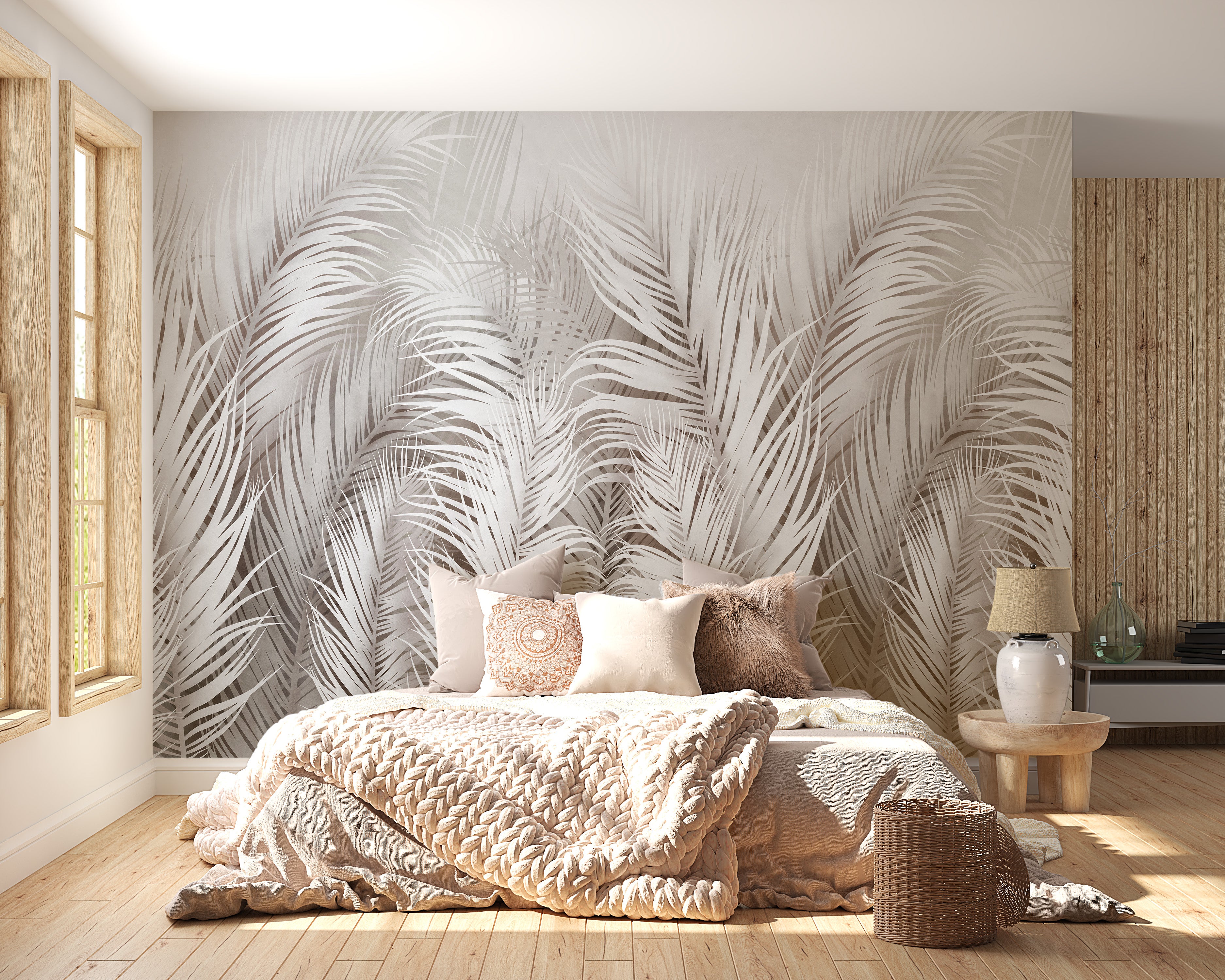 Refreshing botanical palm wallpaper for interiors.
