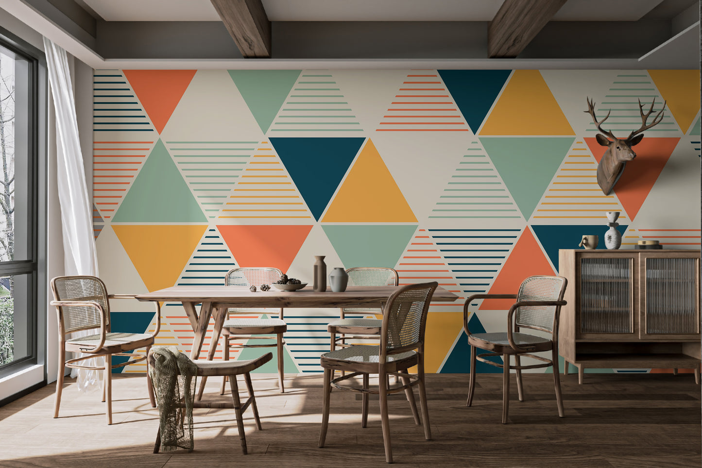 Minimalist triangle pattern wallpaper with soft hues
