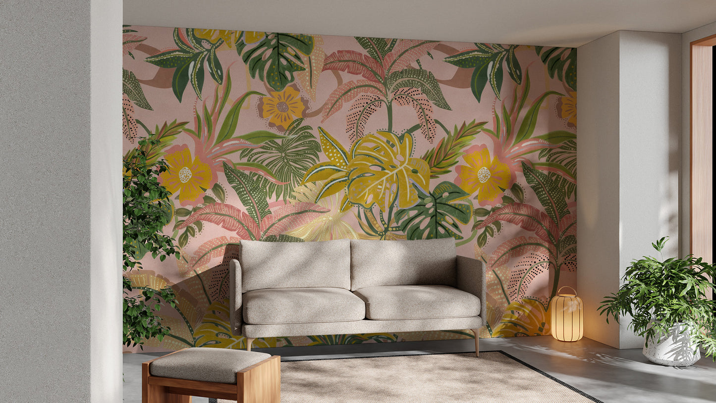 Playful tropical leaves mural for a cheerful ambiance
