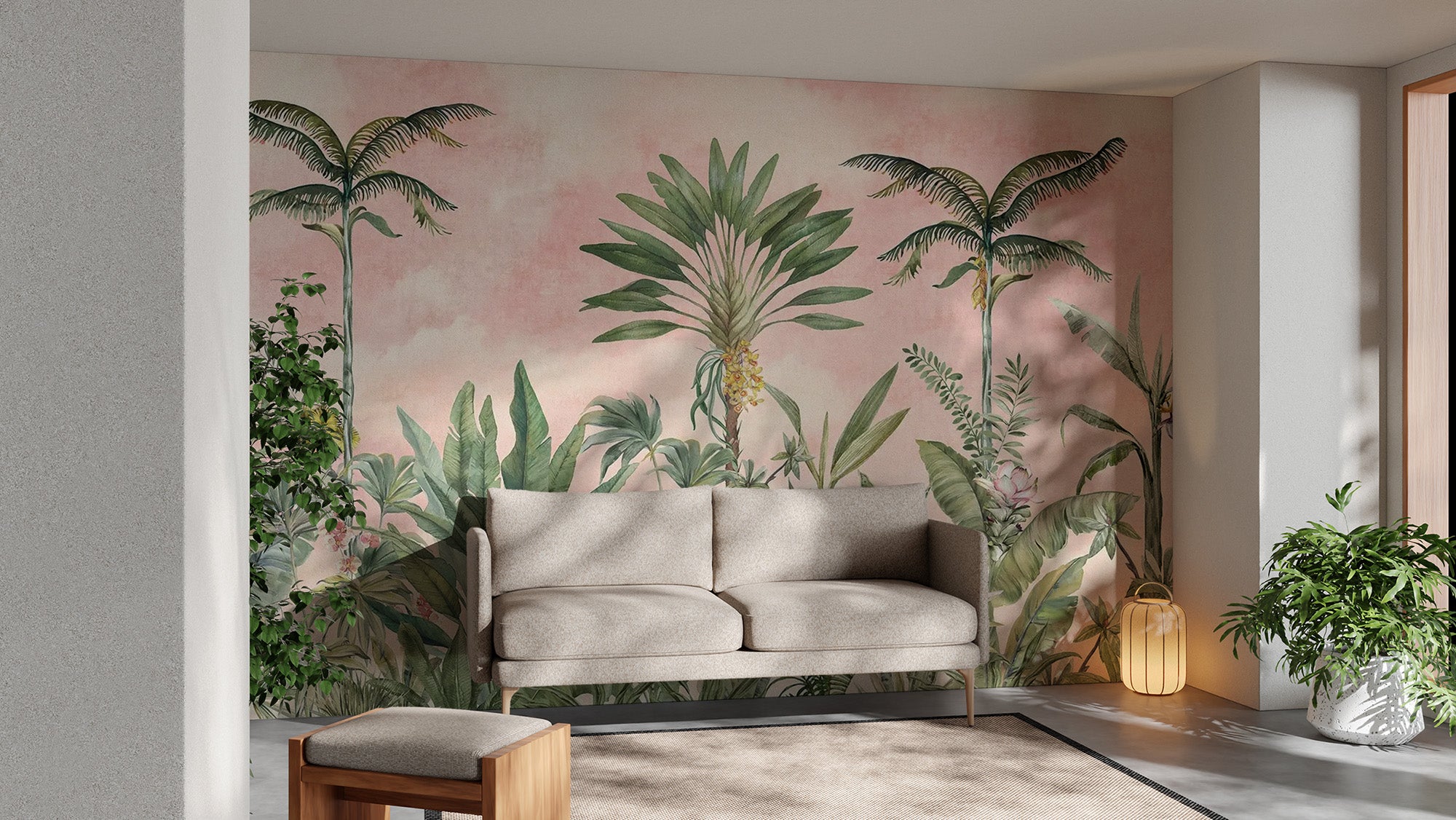 Subtle pink tropical wallpaper for chic and modern rooms
