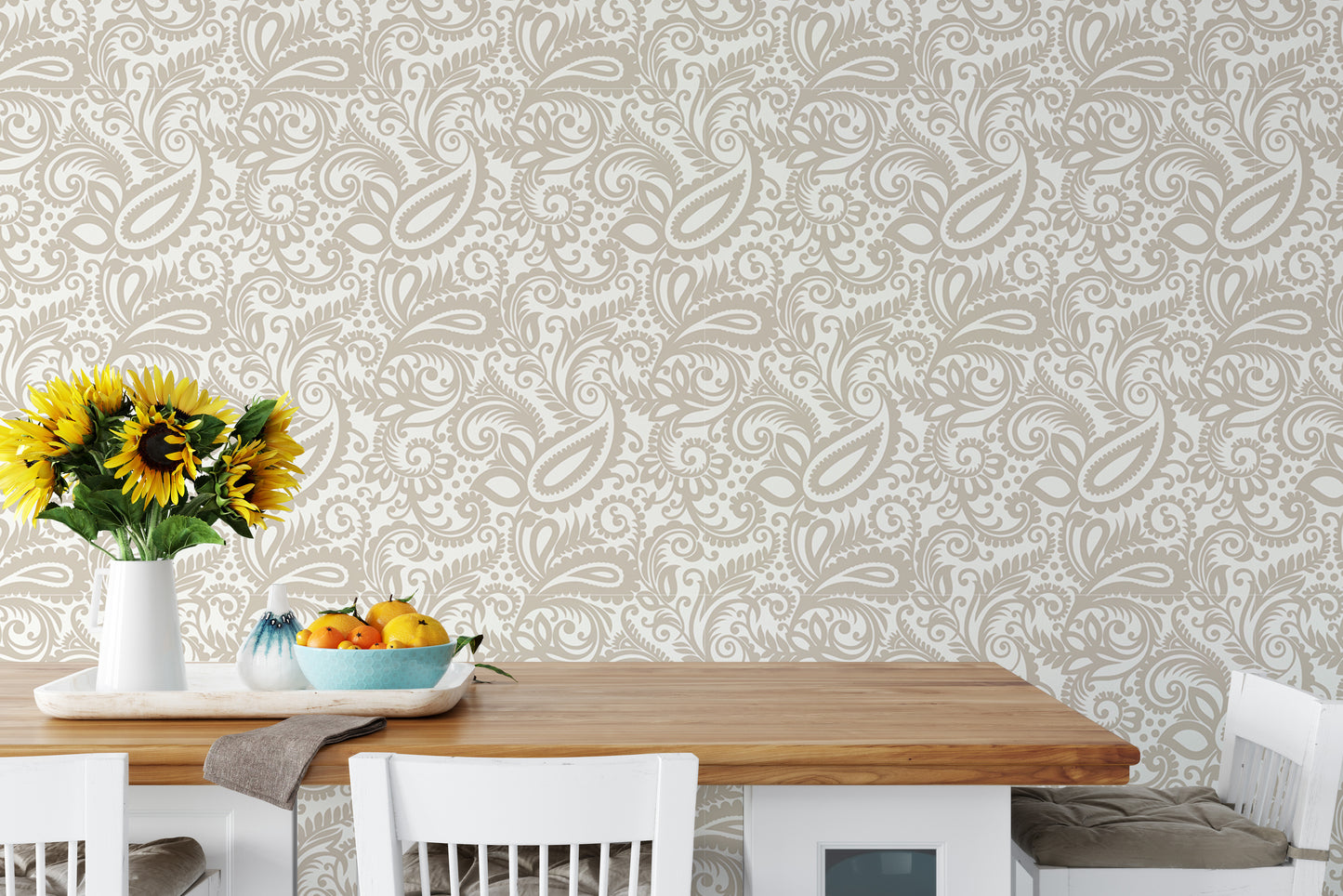 Beige Color Middle Eastern Paisleys Swirled Leaves Wallpaper