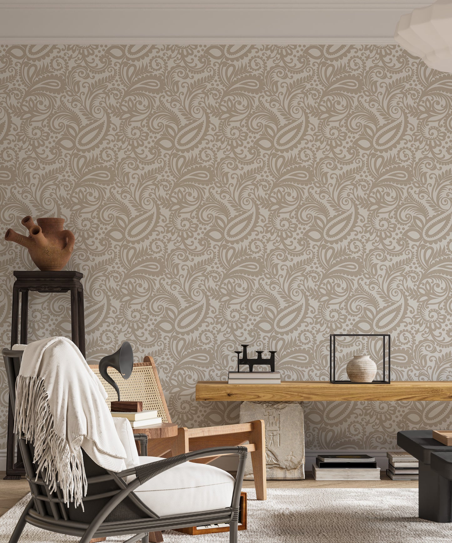 Beige Color Middle Eastern Paisleys Swirled Leaves Wallpaper