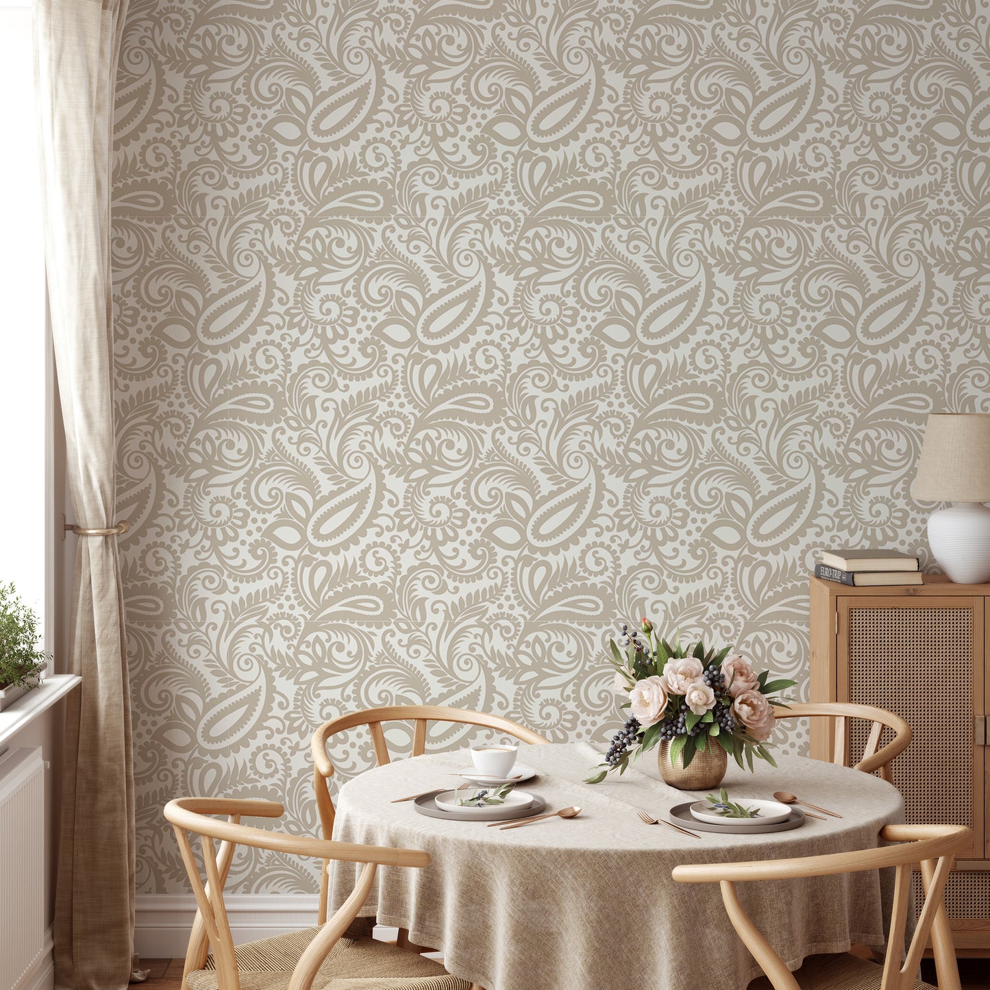 Beige Color Middle Eastern Paisleys Swirled Leaves Wallpaper