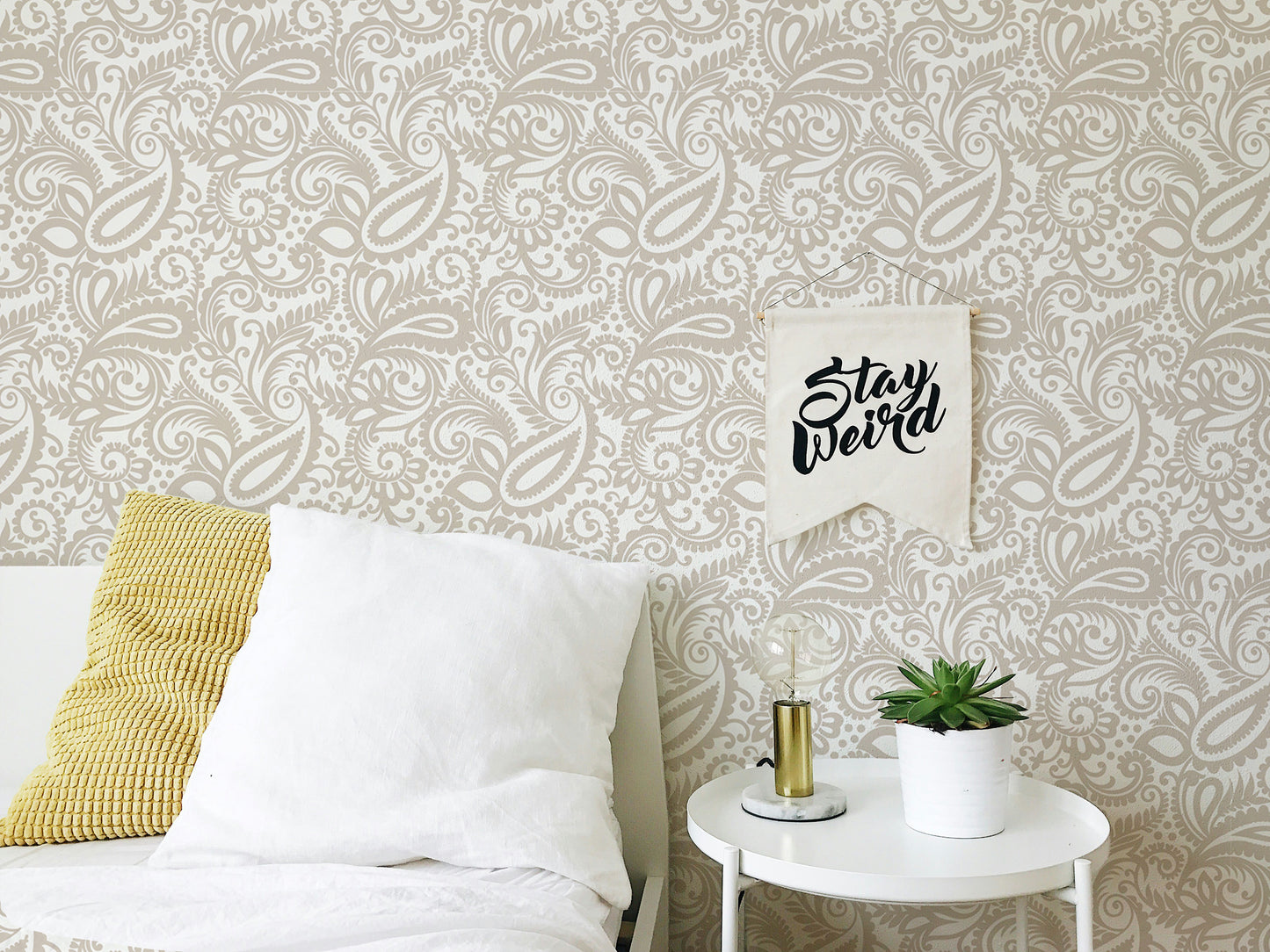 Beige Color Middle Eastern Paisleys Swirled Leaves Wallpaper