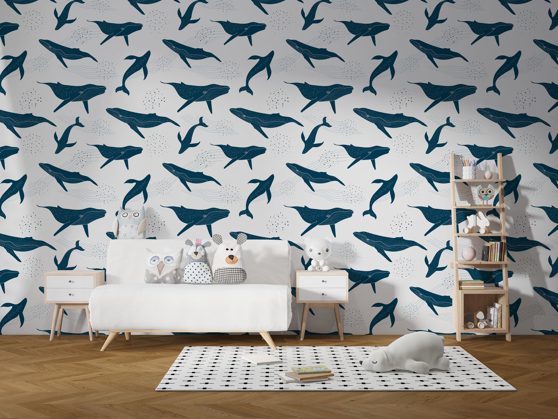 Monochrome whale mural wallpaper design
