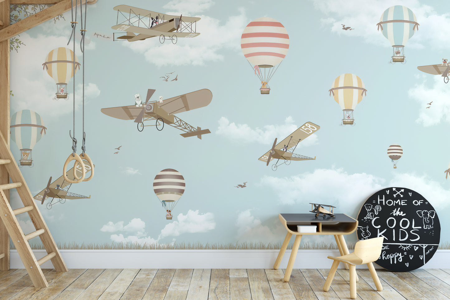 Colorful planes and balloons wallpaper theme