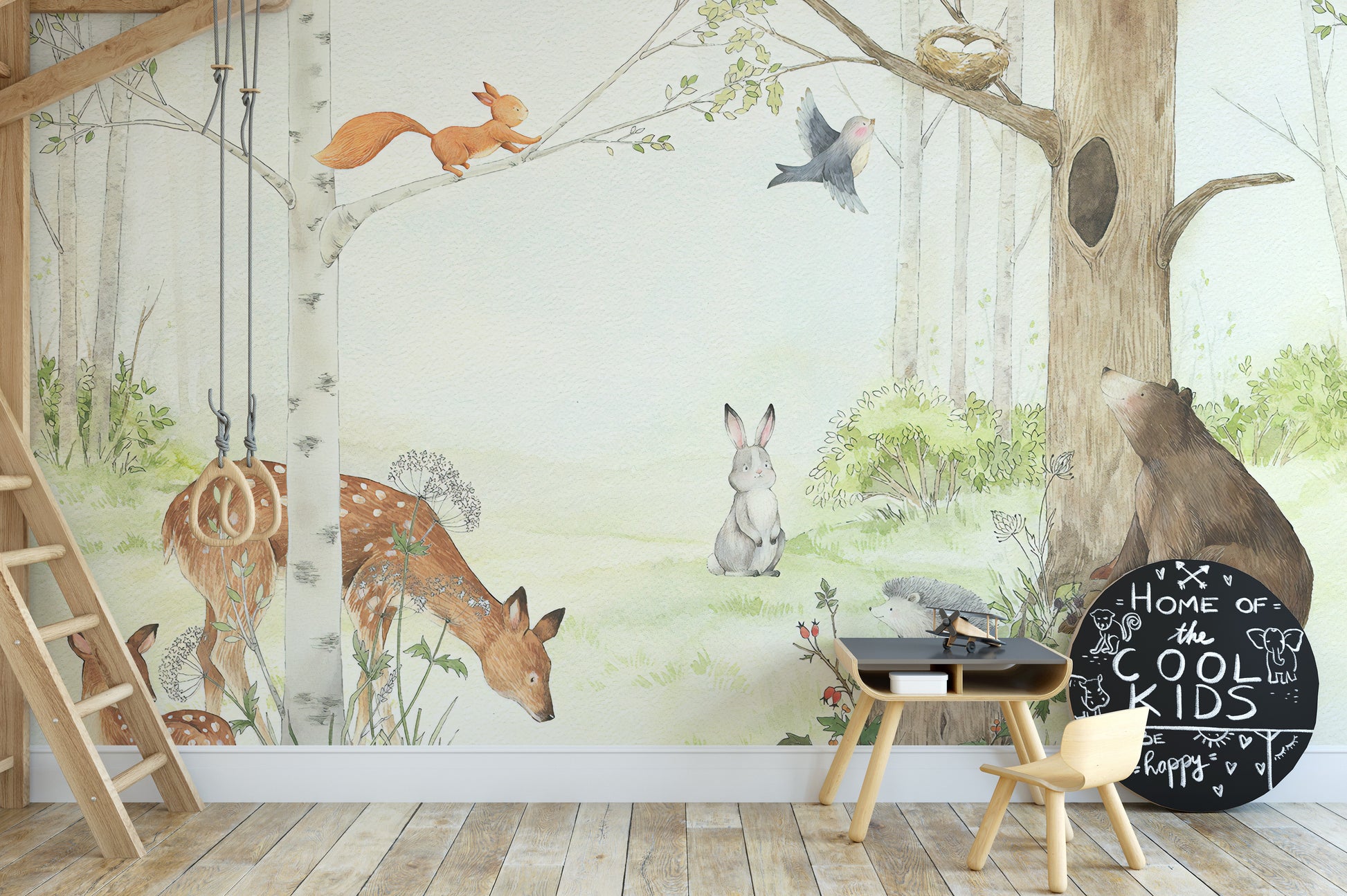 Adorable forest friends mural for kids’ walls