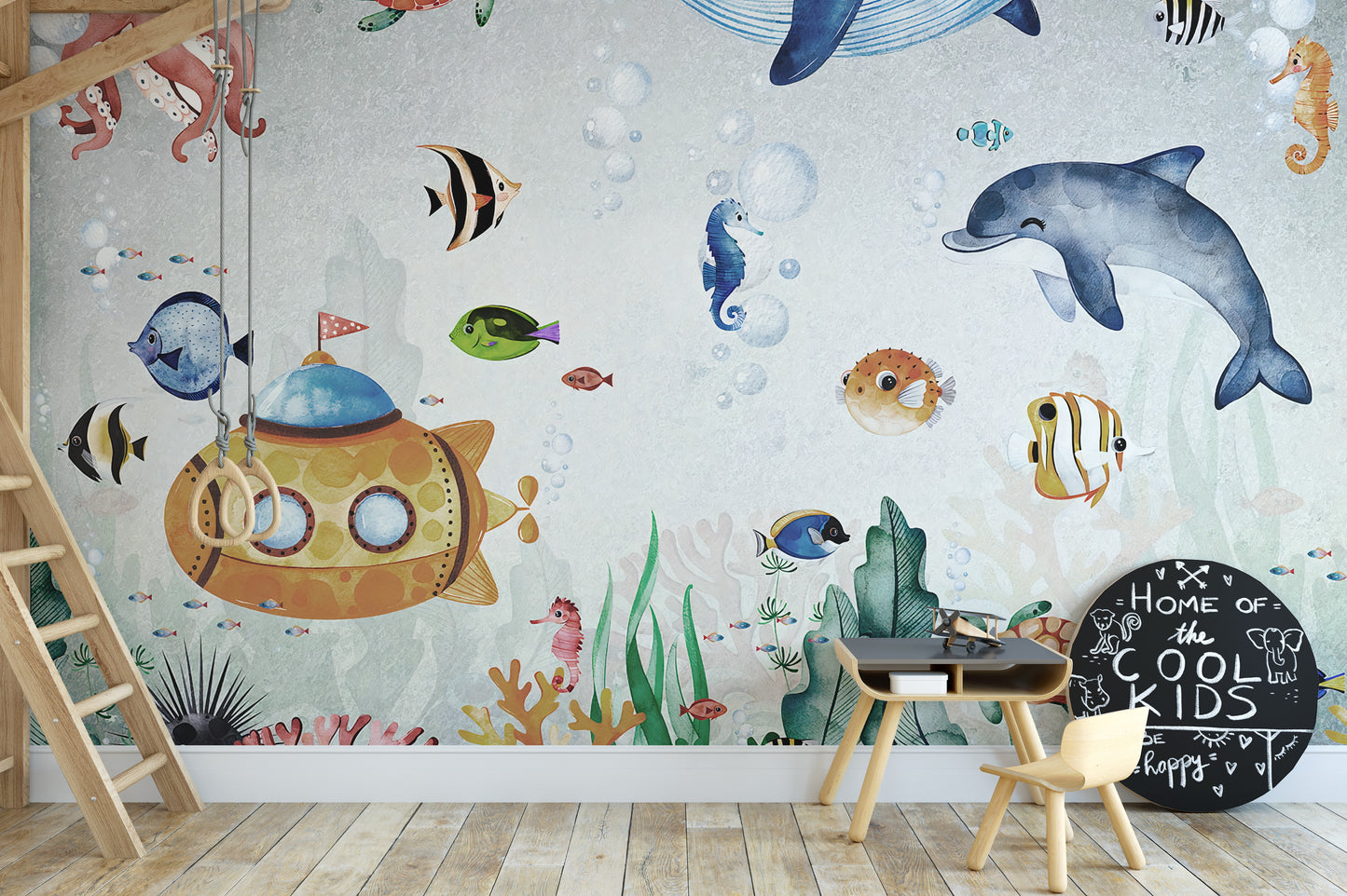 Marine life mural with fish and coral details