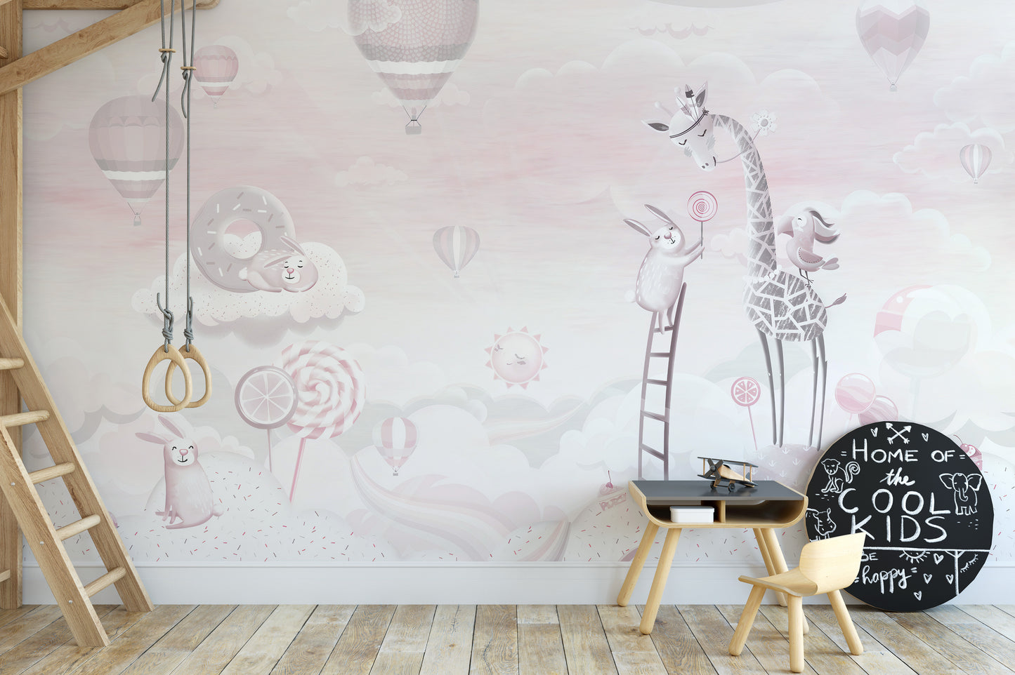 Charming pink mural for kids playful rooms



