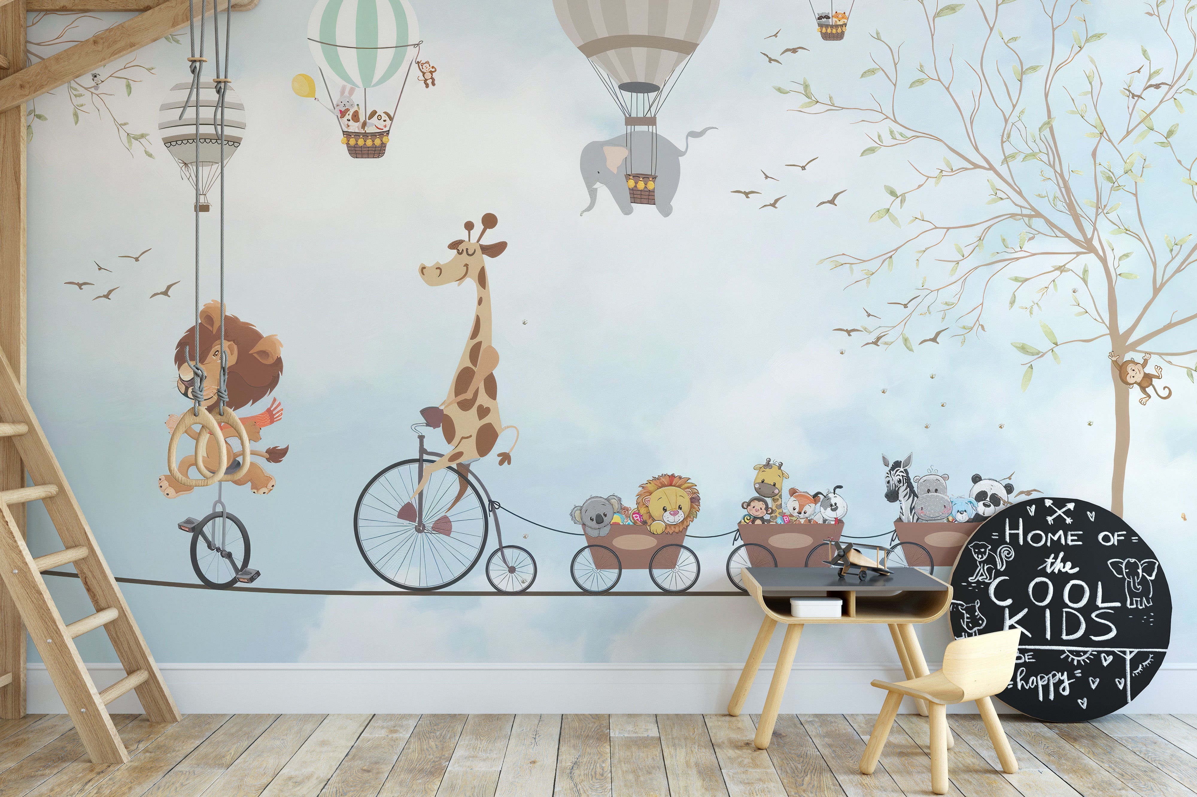 Creative animal acrobats wall mural design



