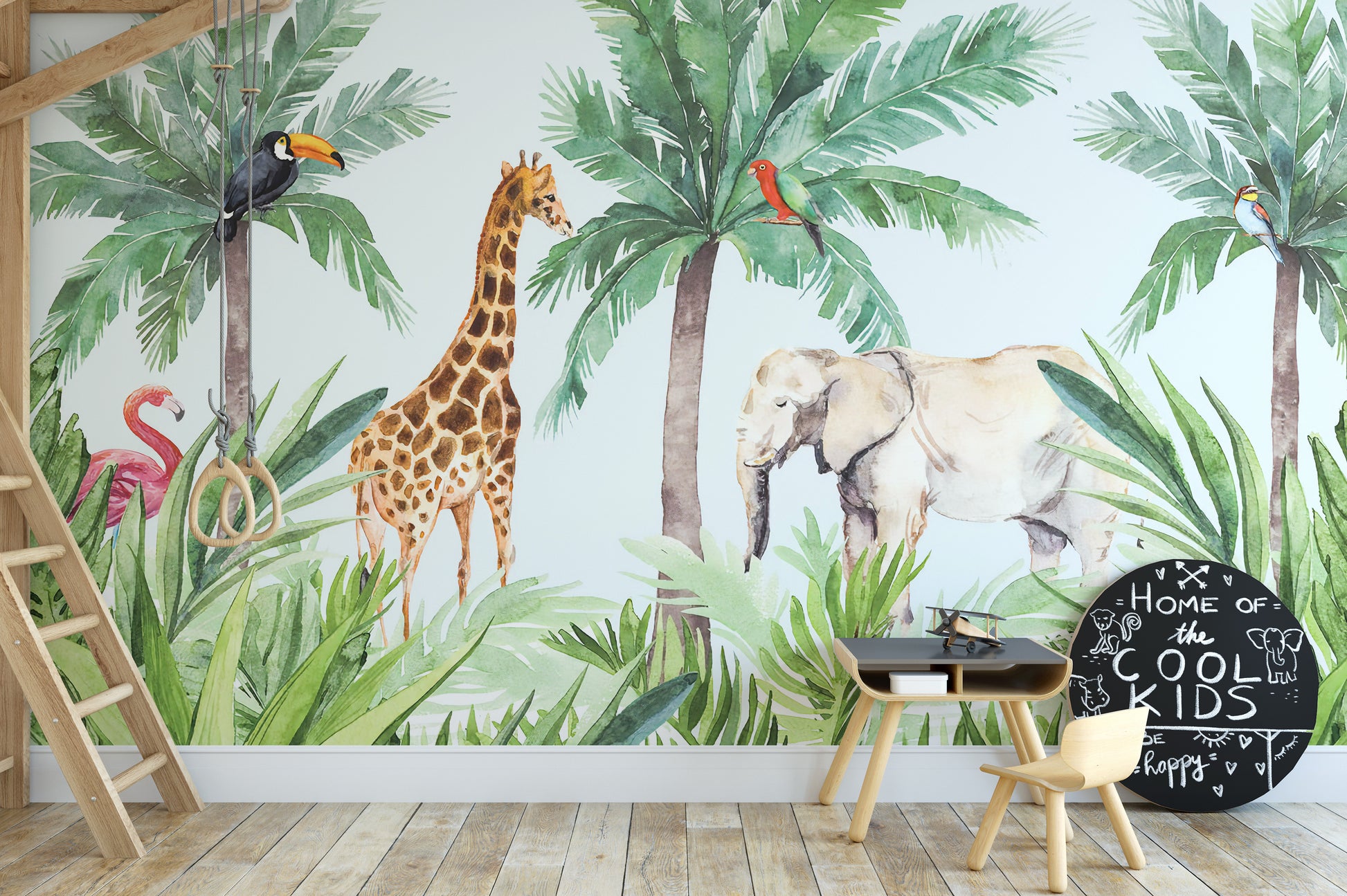 Fun animal-themed watercolor wallpaper mural
