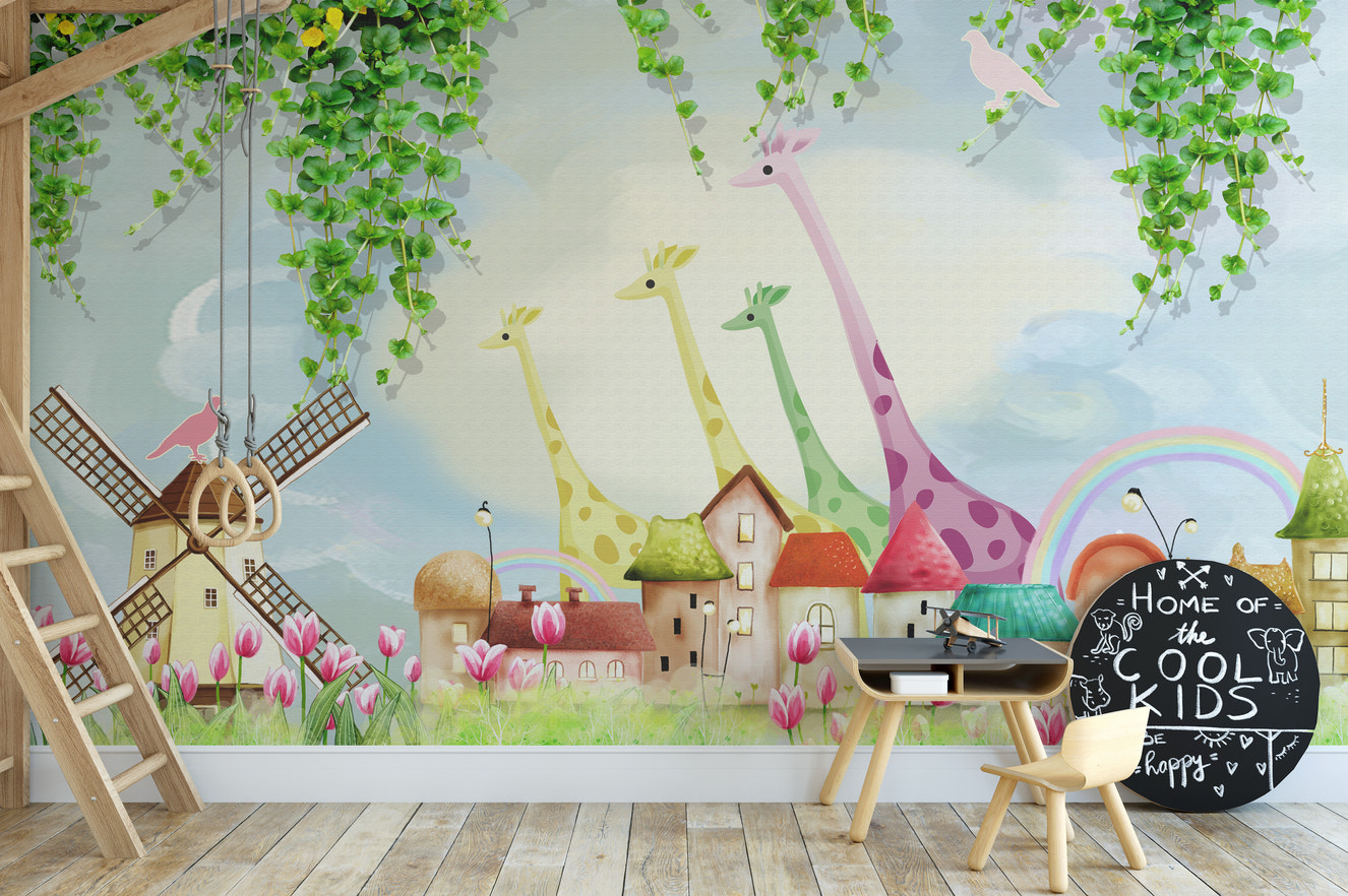 Playful farmyard watercolor wall mural for kids
