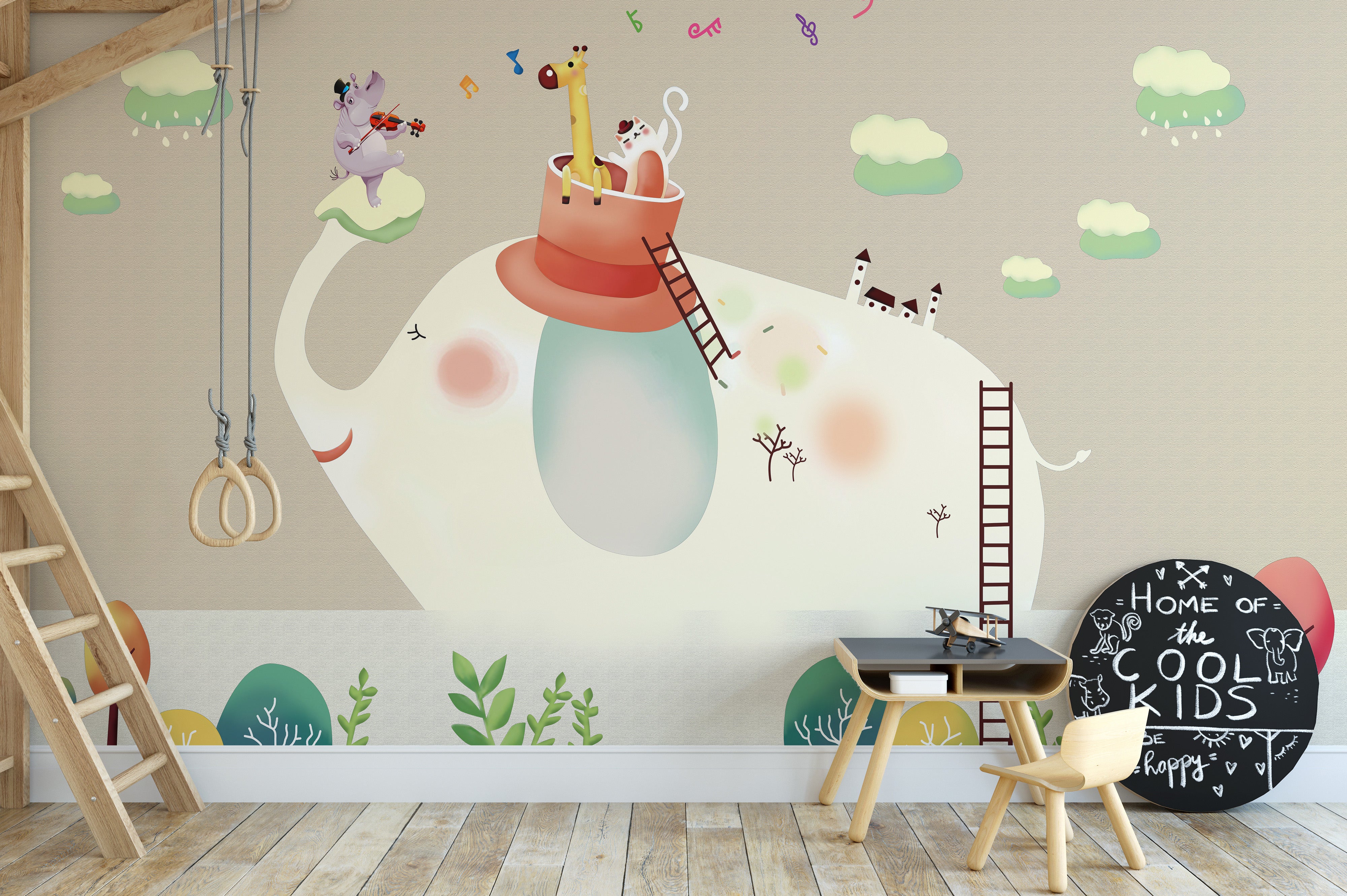 Beige wallpaper featuring cartoon elephants.
