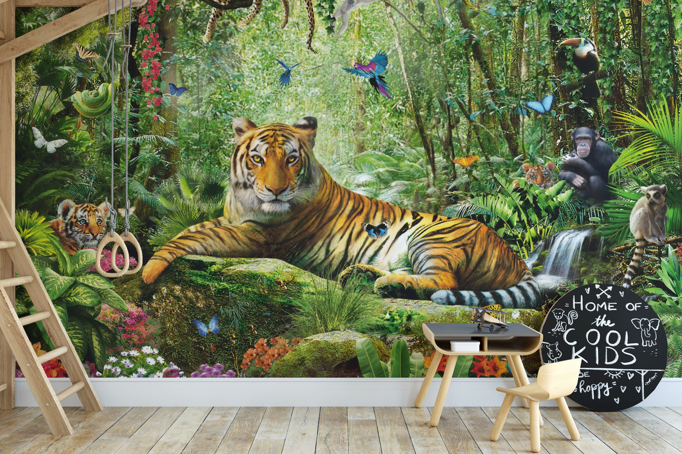 Vibrant jungle scene with wildlife mural
