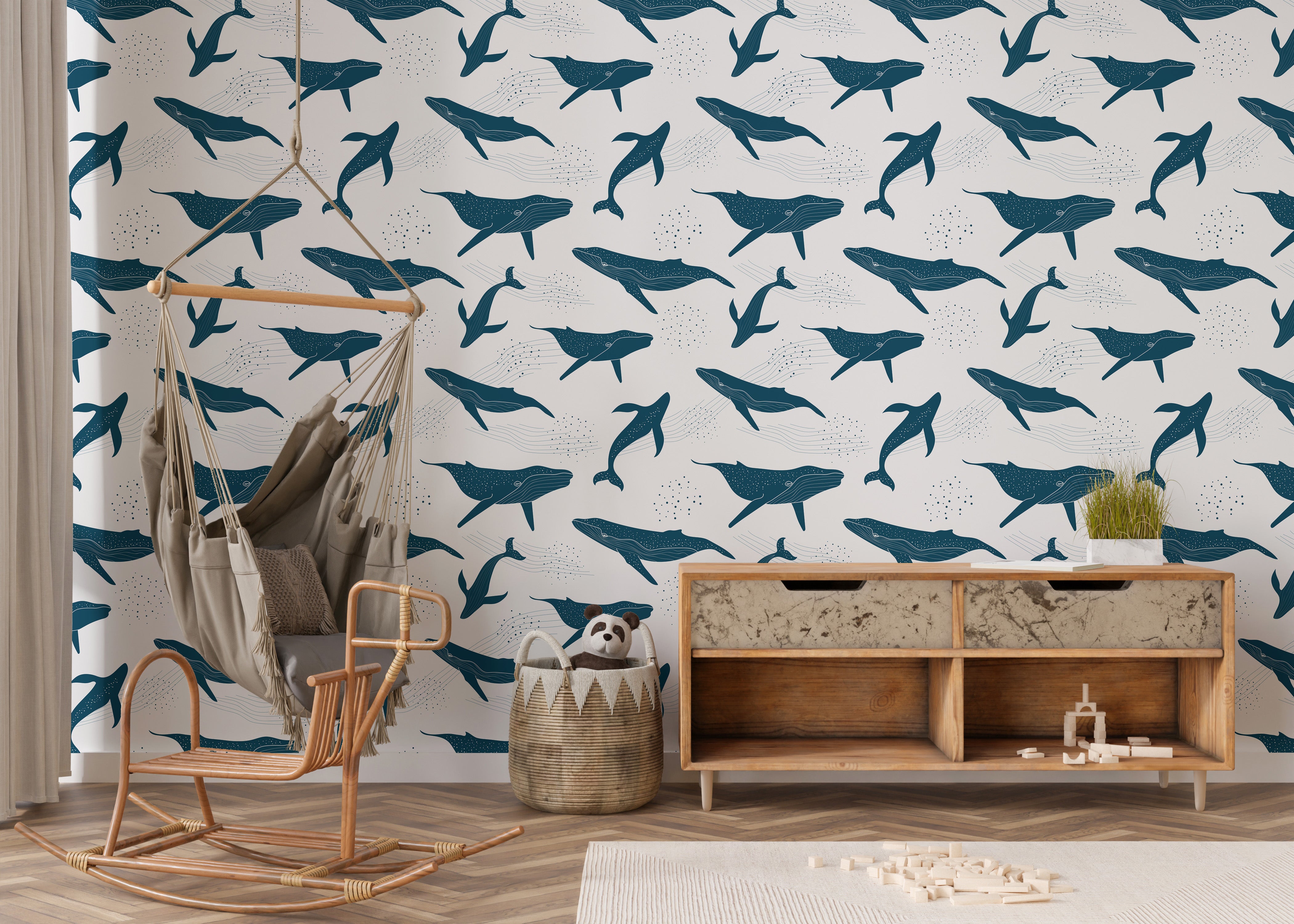 Ocean-themed ink blue whale wallpaper mural
