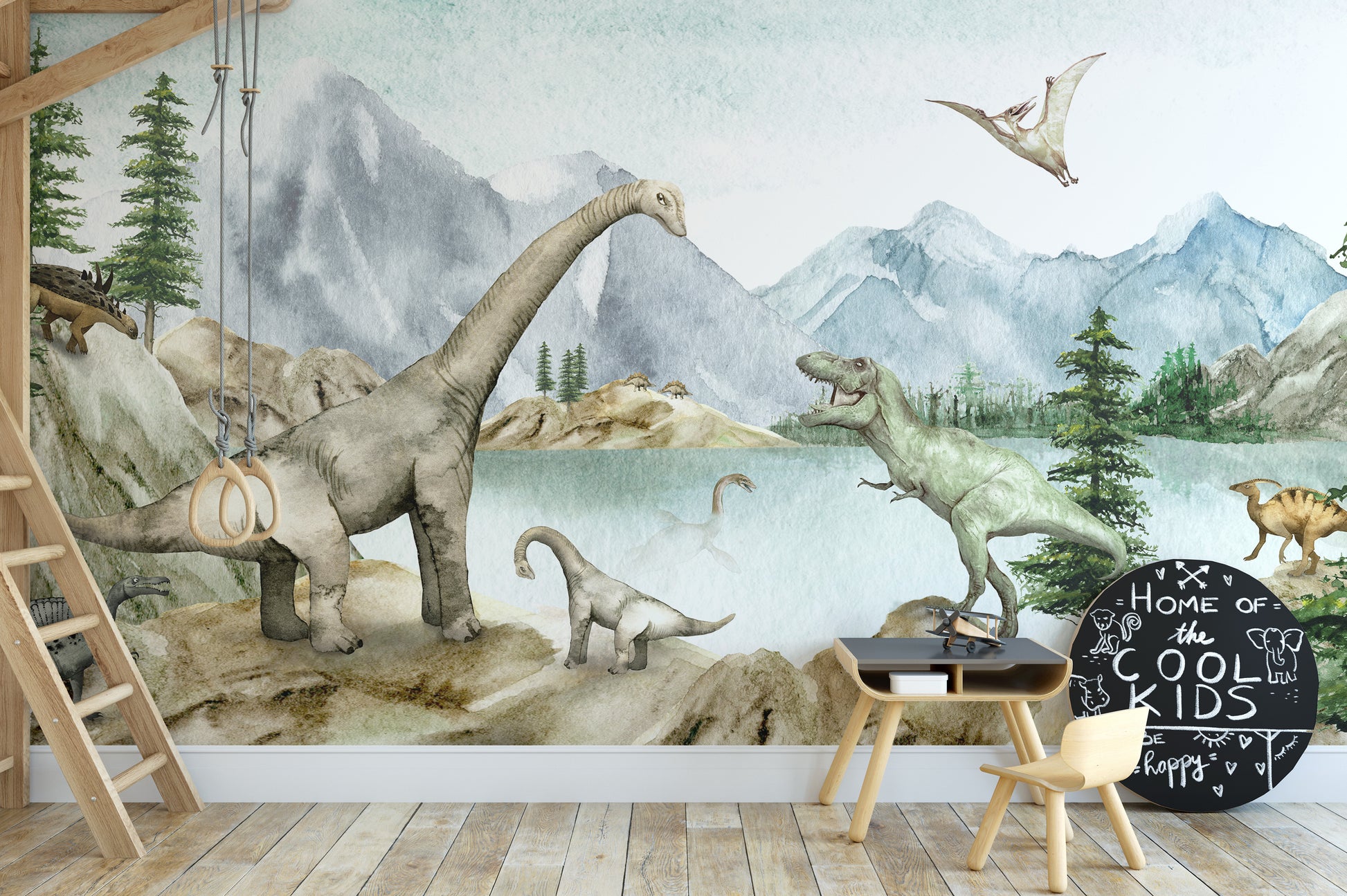 Dinosaur wall mural perfect for prehistoric-themed interiors.
