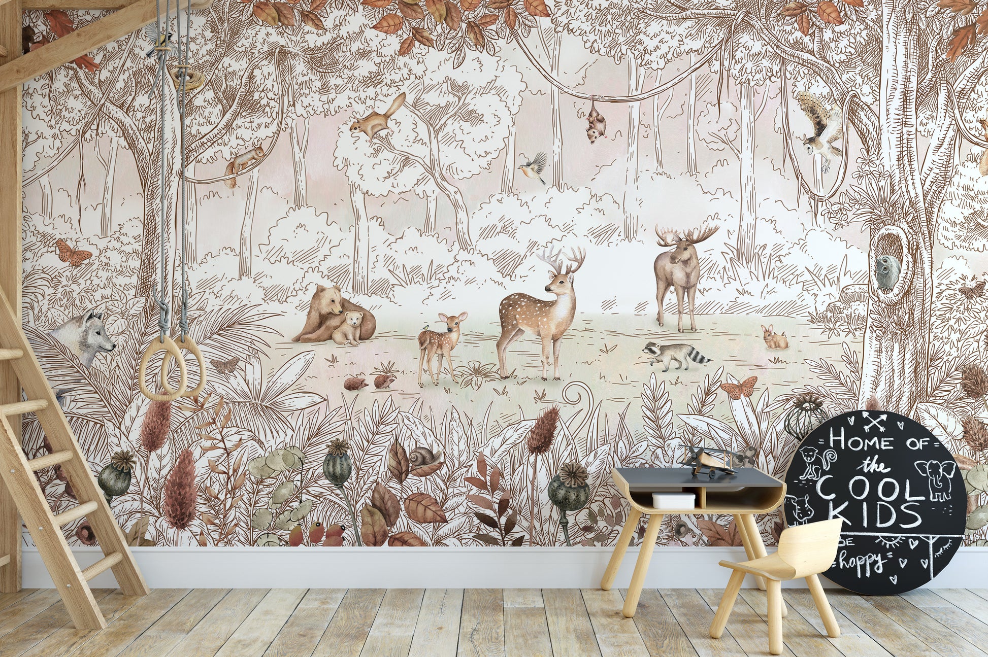 Wildlife-inspired mural with forest animals in autumn hues.
