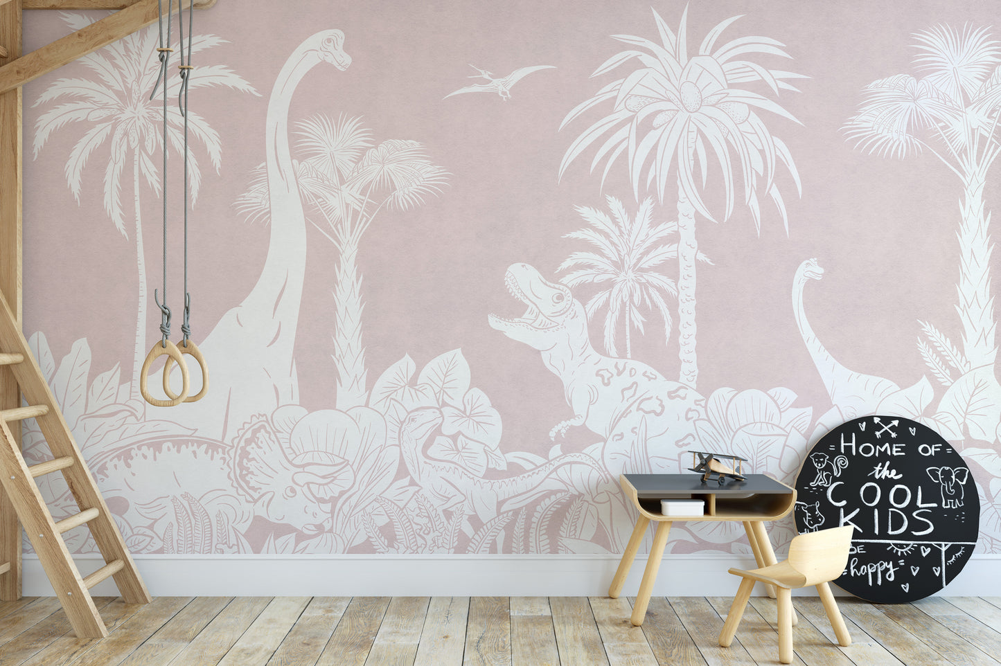 Pink dinosaur-themed Monochrome mural for stylish walls.
