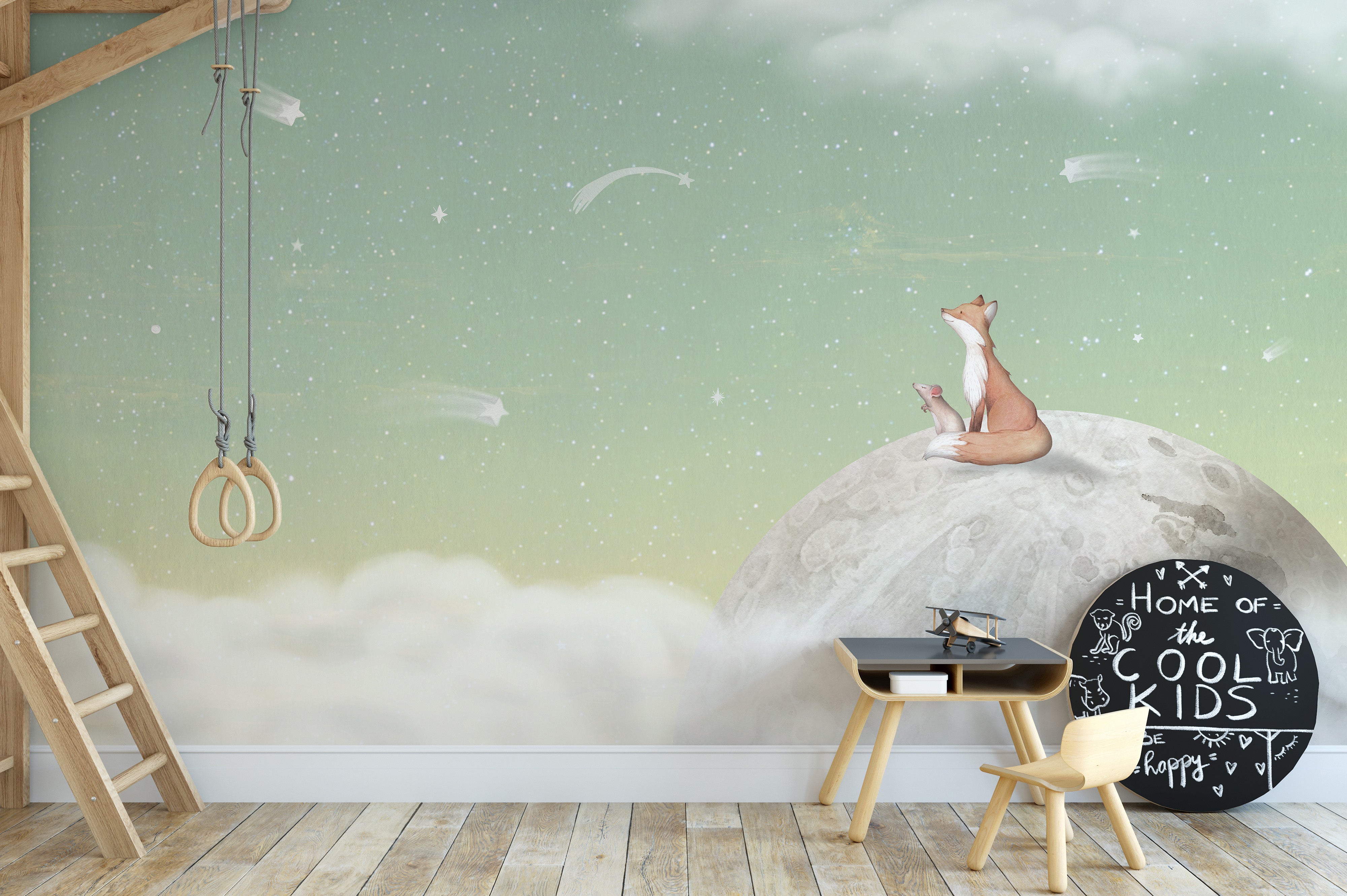 Calming mural showcasing a fox perched on the moon in green hues
