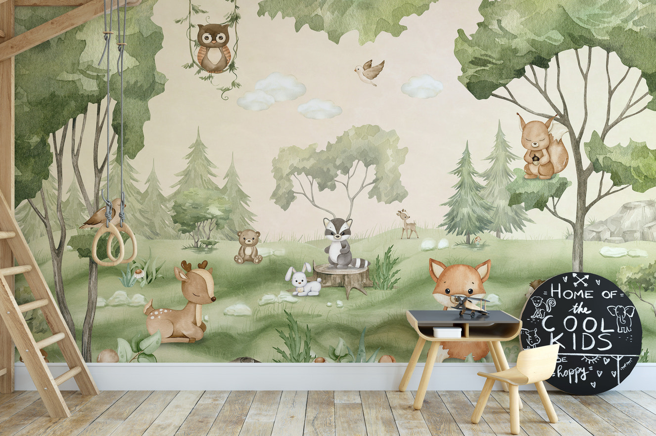 Charming kids' wall mural featuring a joyful woodland scene
