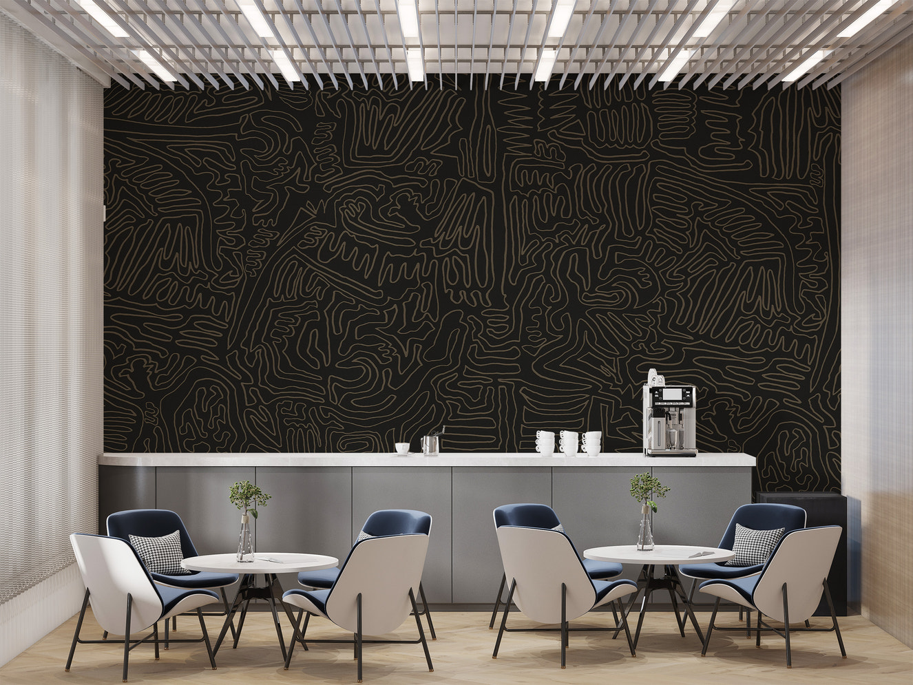 Bold modern abstract lines in a striking wall mural.
