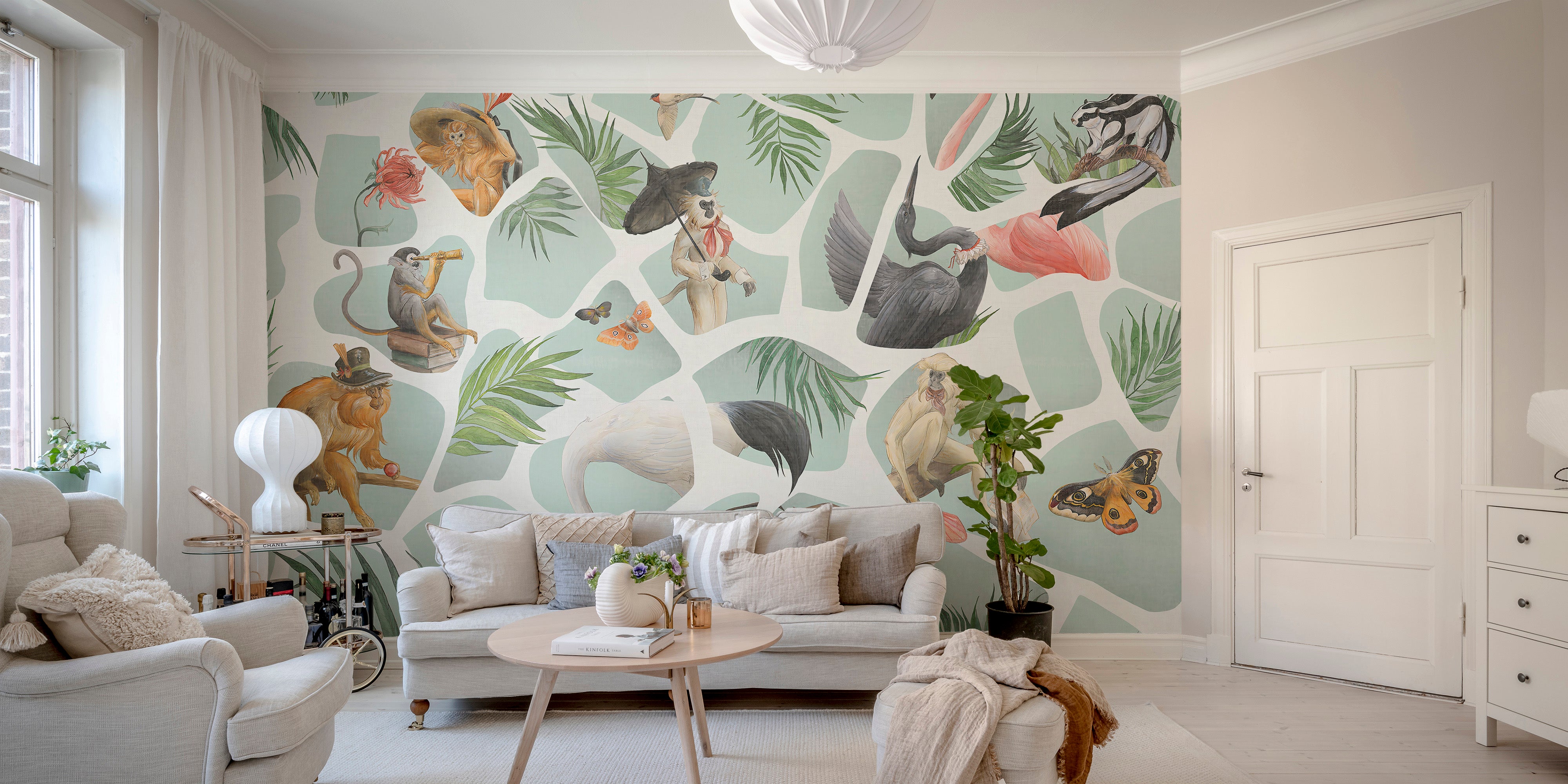 Jungle-Themed Watercolor Monkey and Birds Mural