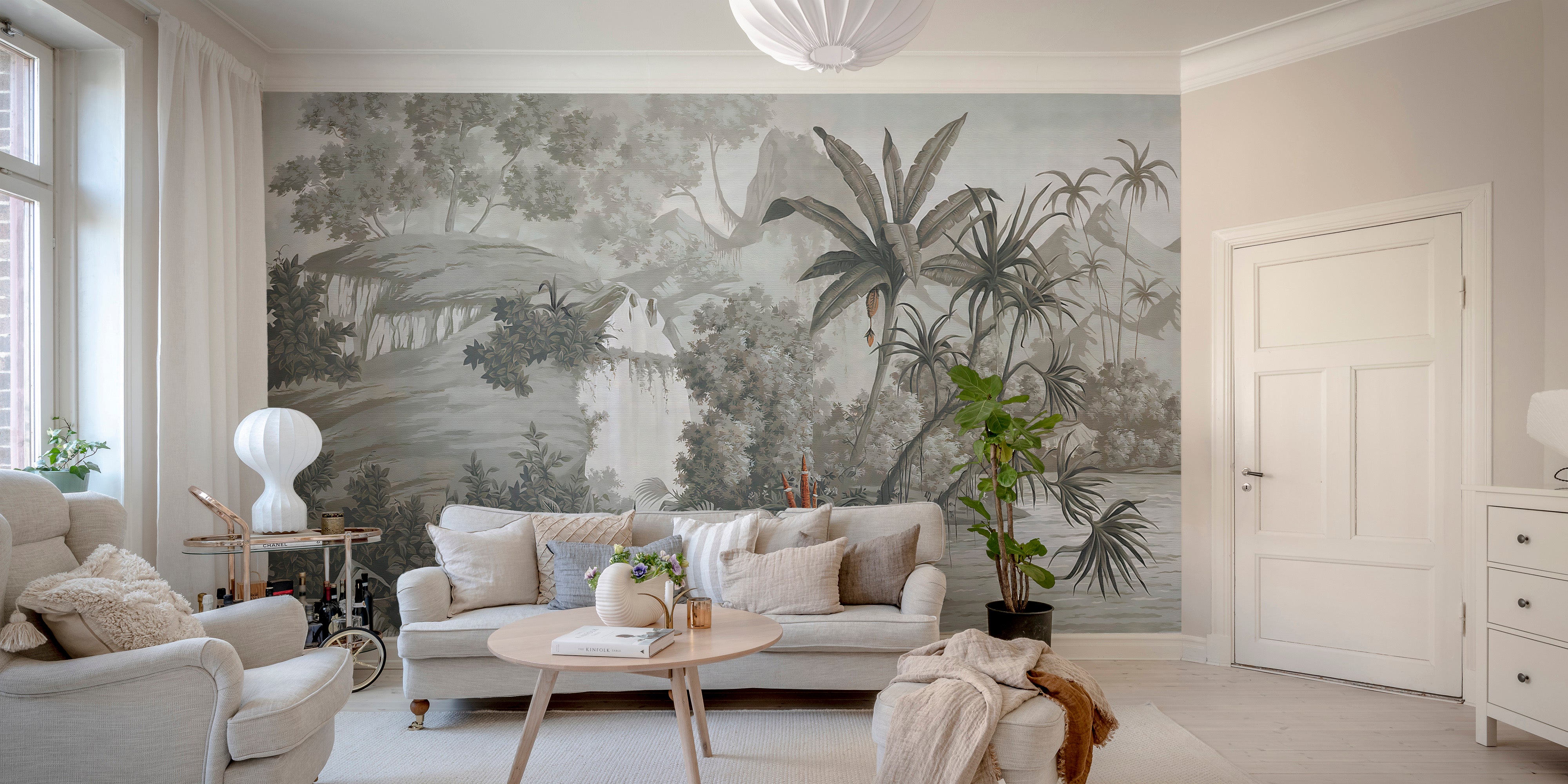 Serene woodland-themed mural in monotone
