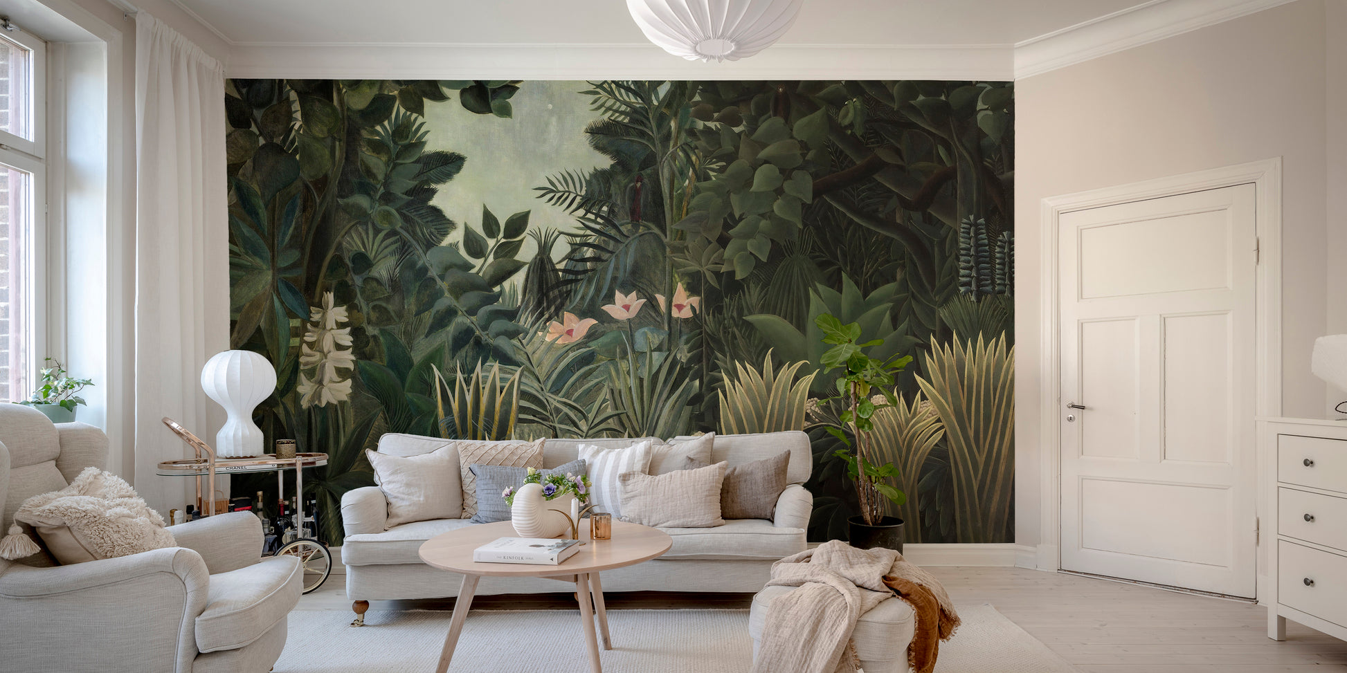 Lush tropical forest wall mural design
