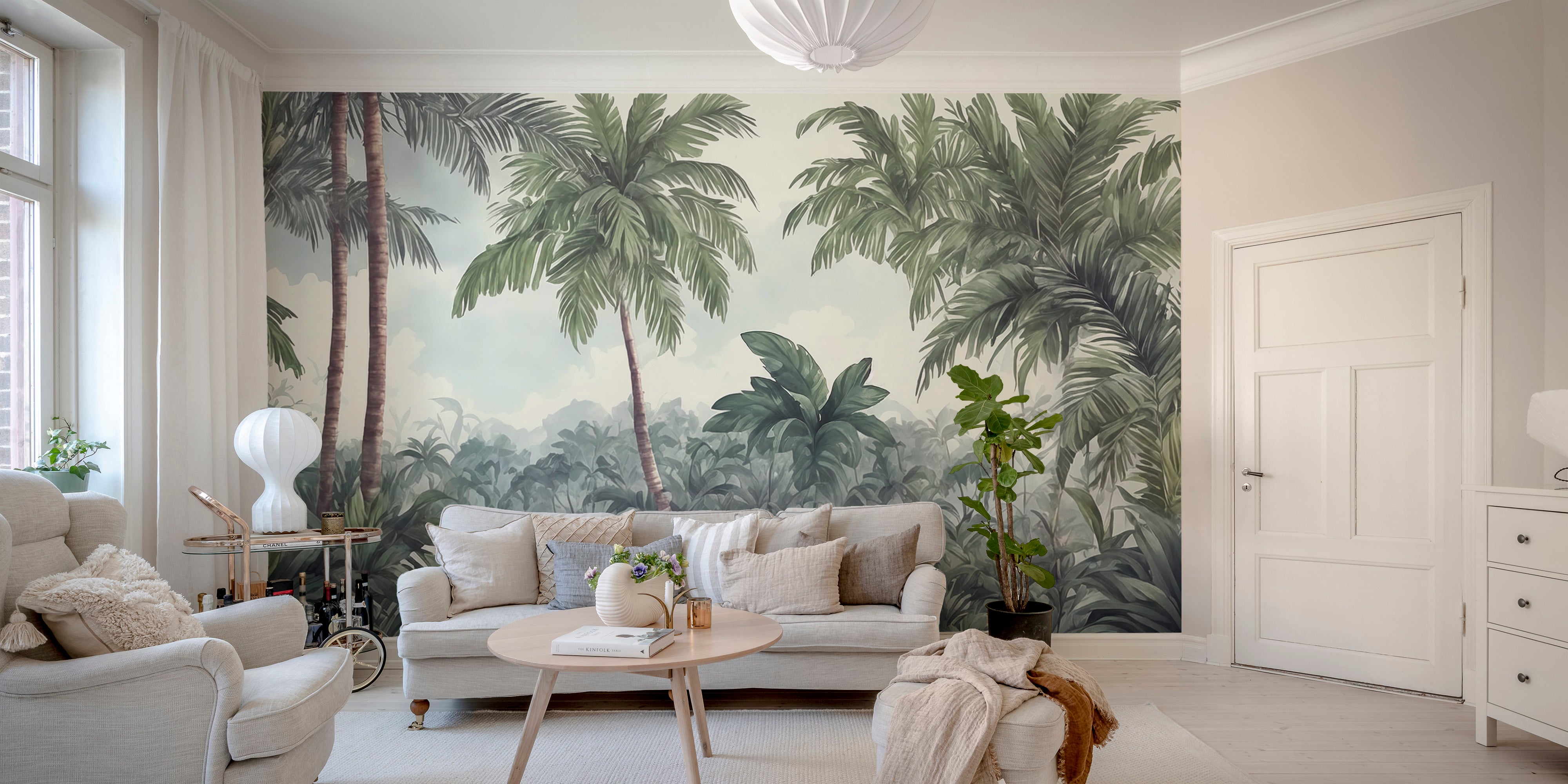 Green forest mural featuring watercolor designs
