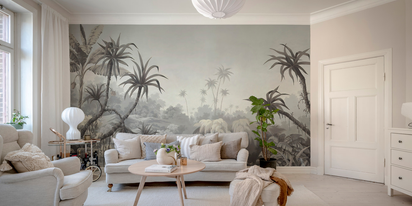 Tropical paradise mural with palms and lake
