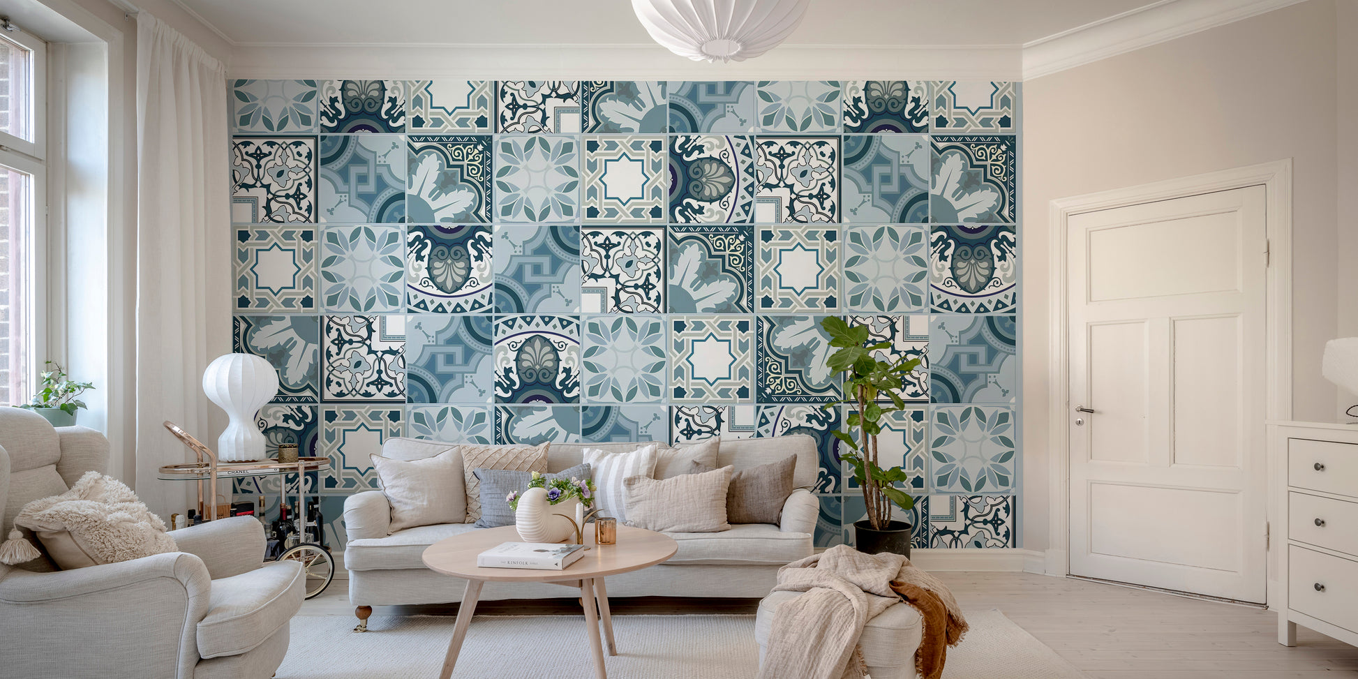 Mediterranean-inspired mosaic tile wallpaper.
