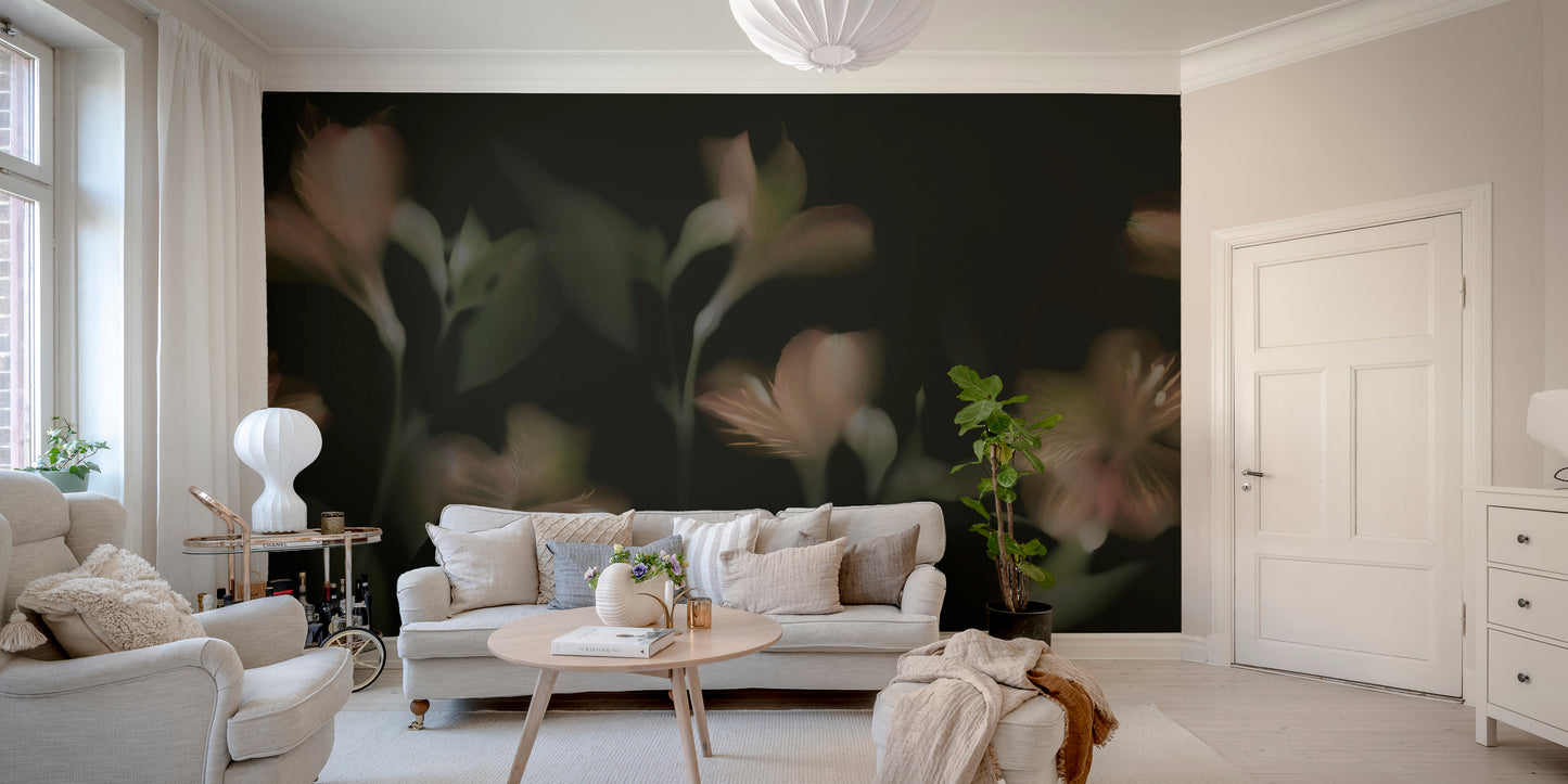 Elegant jasmine floral wallpaper in dark tones.
