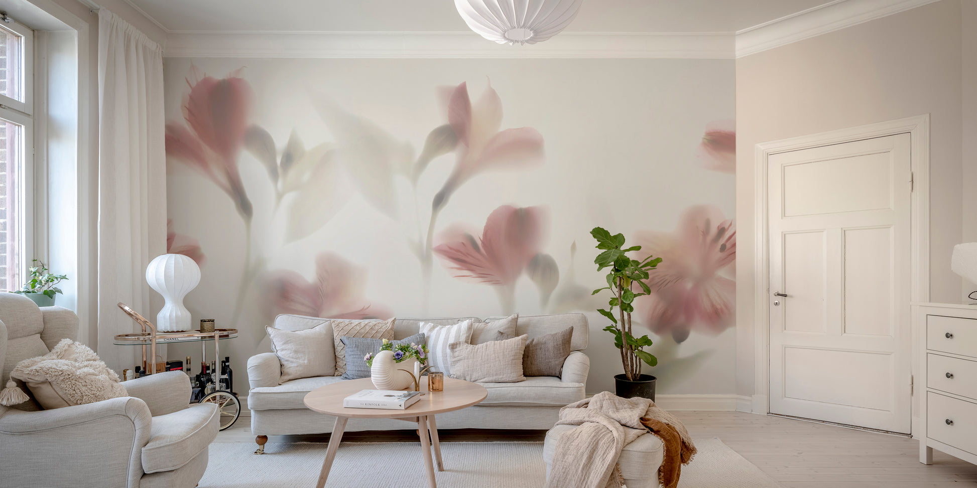 Watercolor pastel pink flower wall design.
