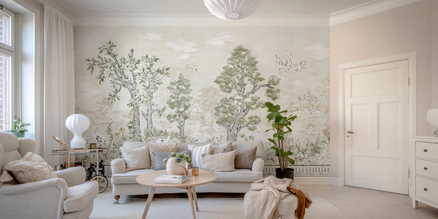 Elegant tree canopy wallpaper in pastel tones.
