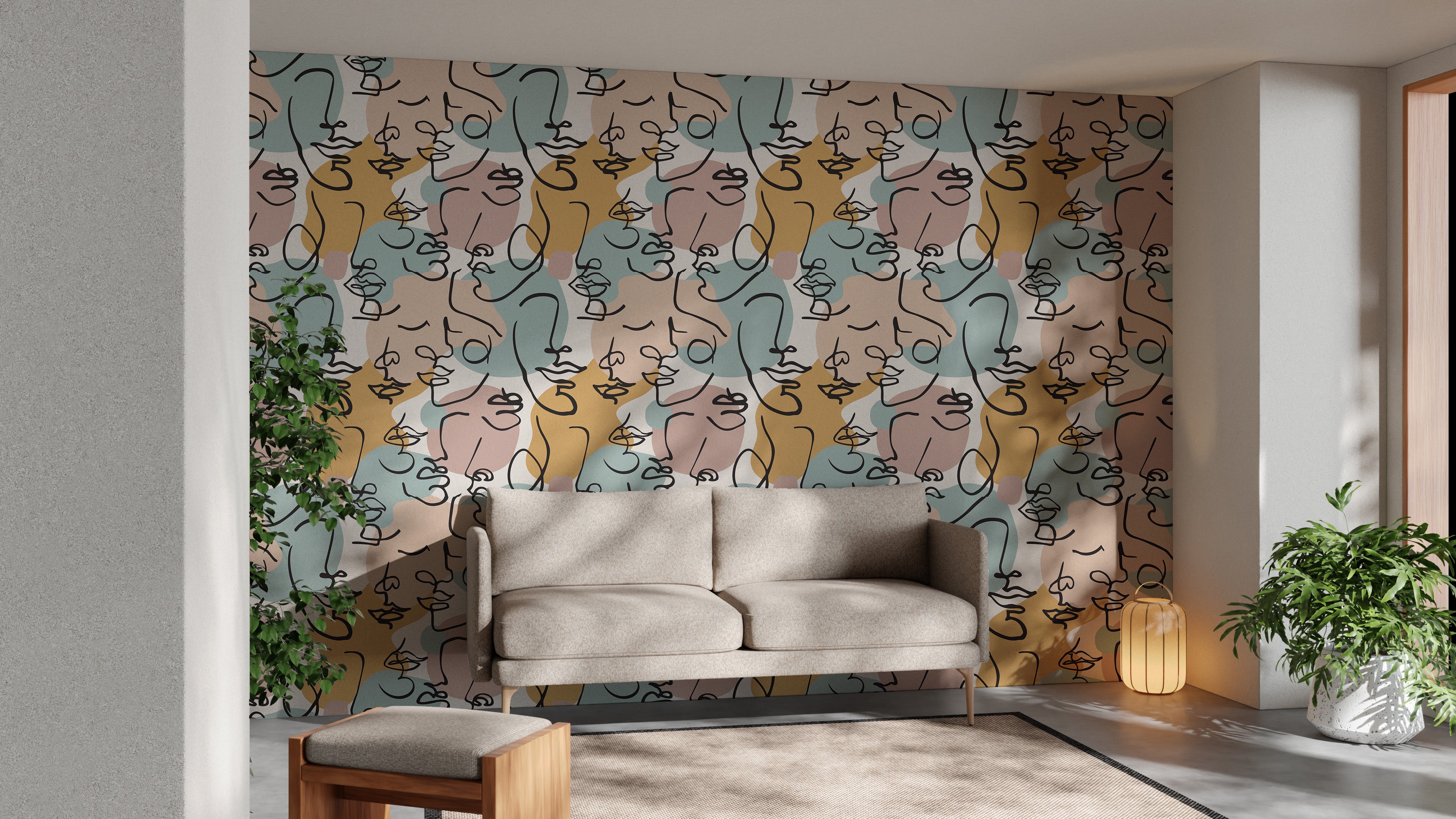 Sophisticated wall mural with line sketches
