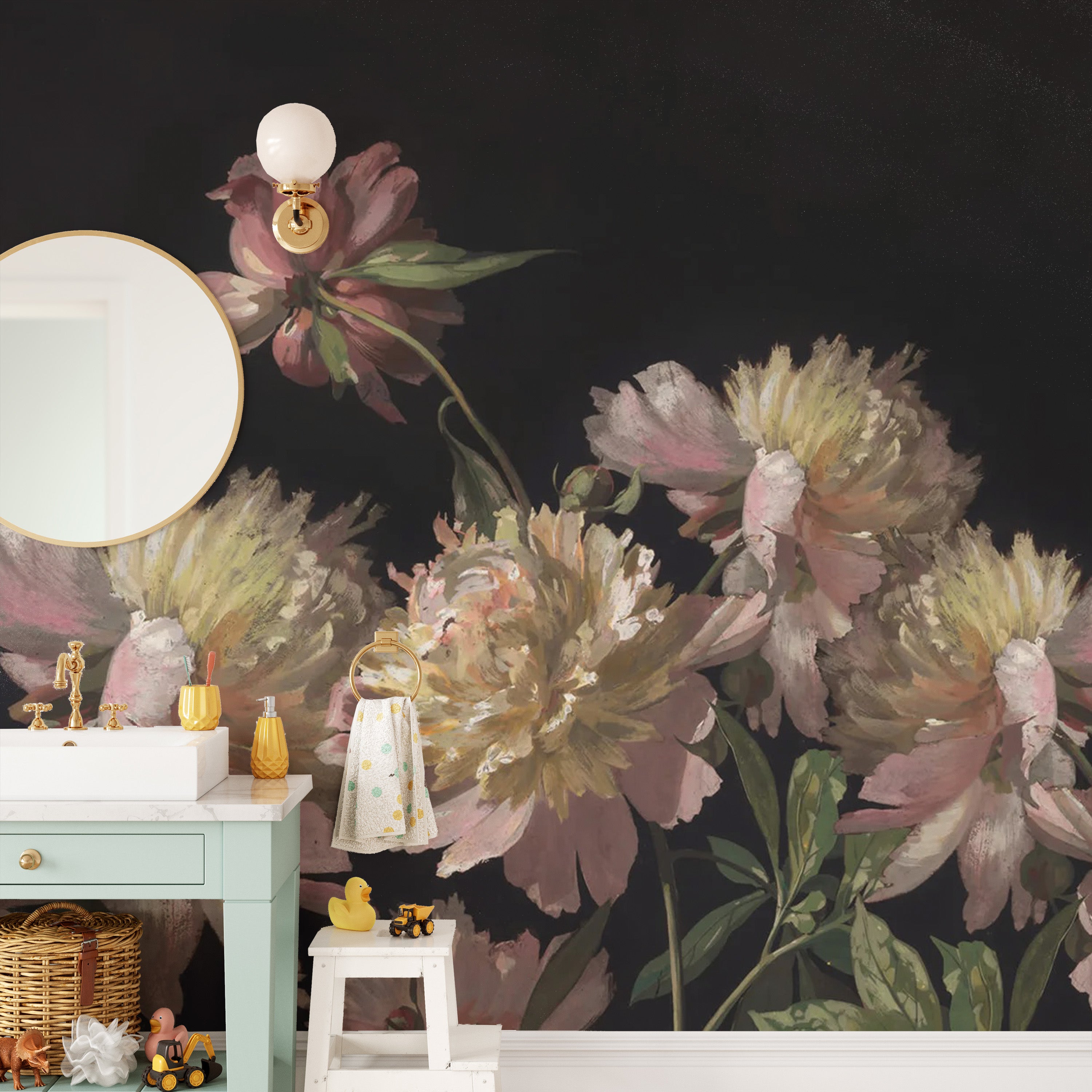 Scenic watercolor mural with blooming peonies for decor
