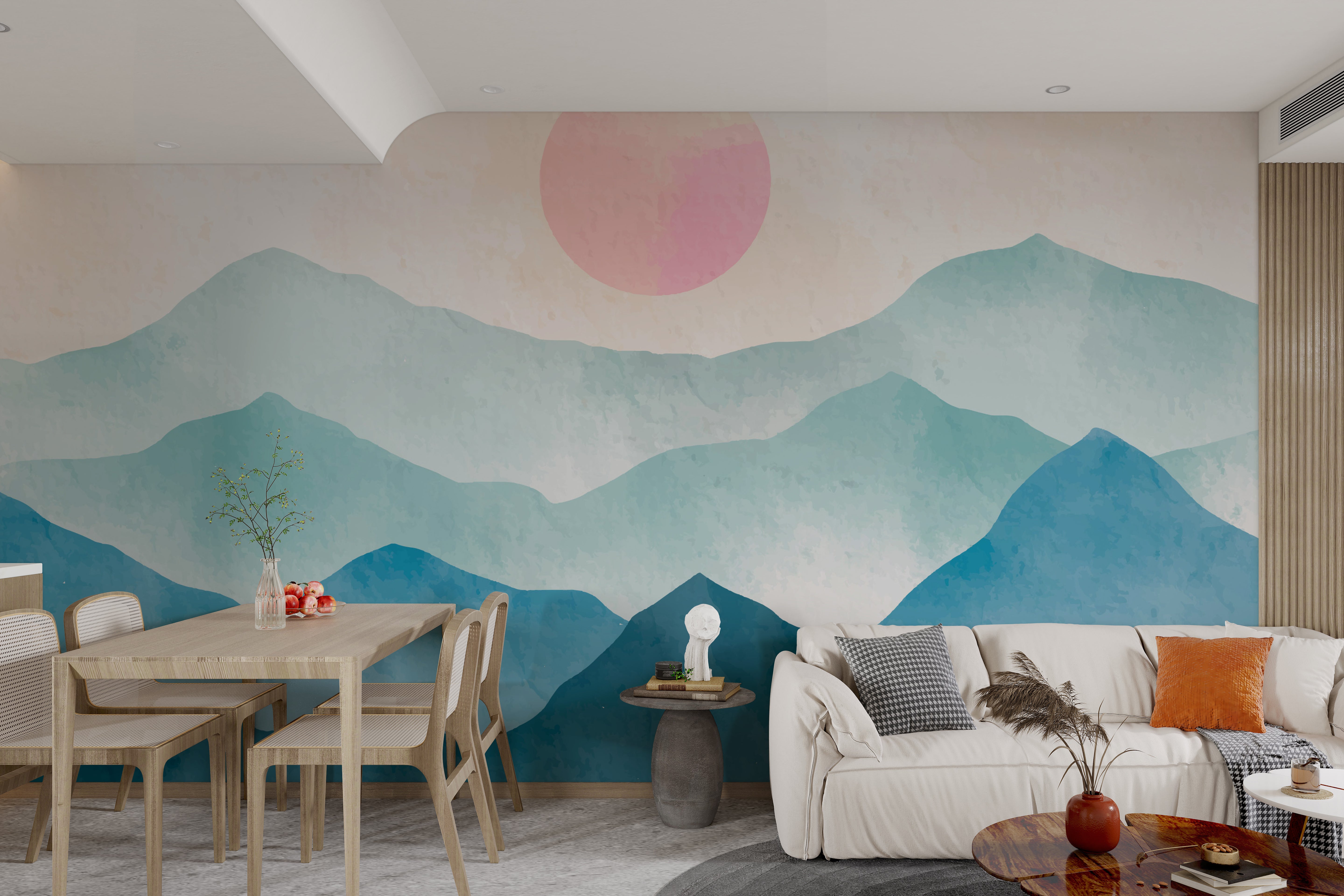 Watercolor mountain wallpaper with sunrise in pastel hues
