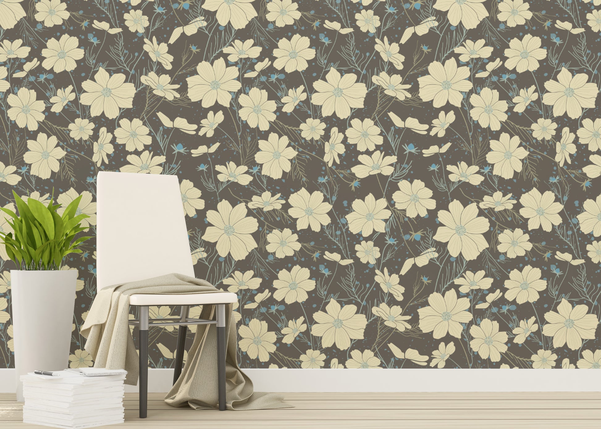 Nature-inspired wallpaper featuring gray cosmos flowers
