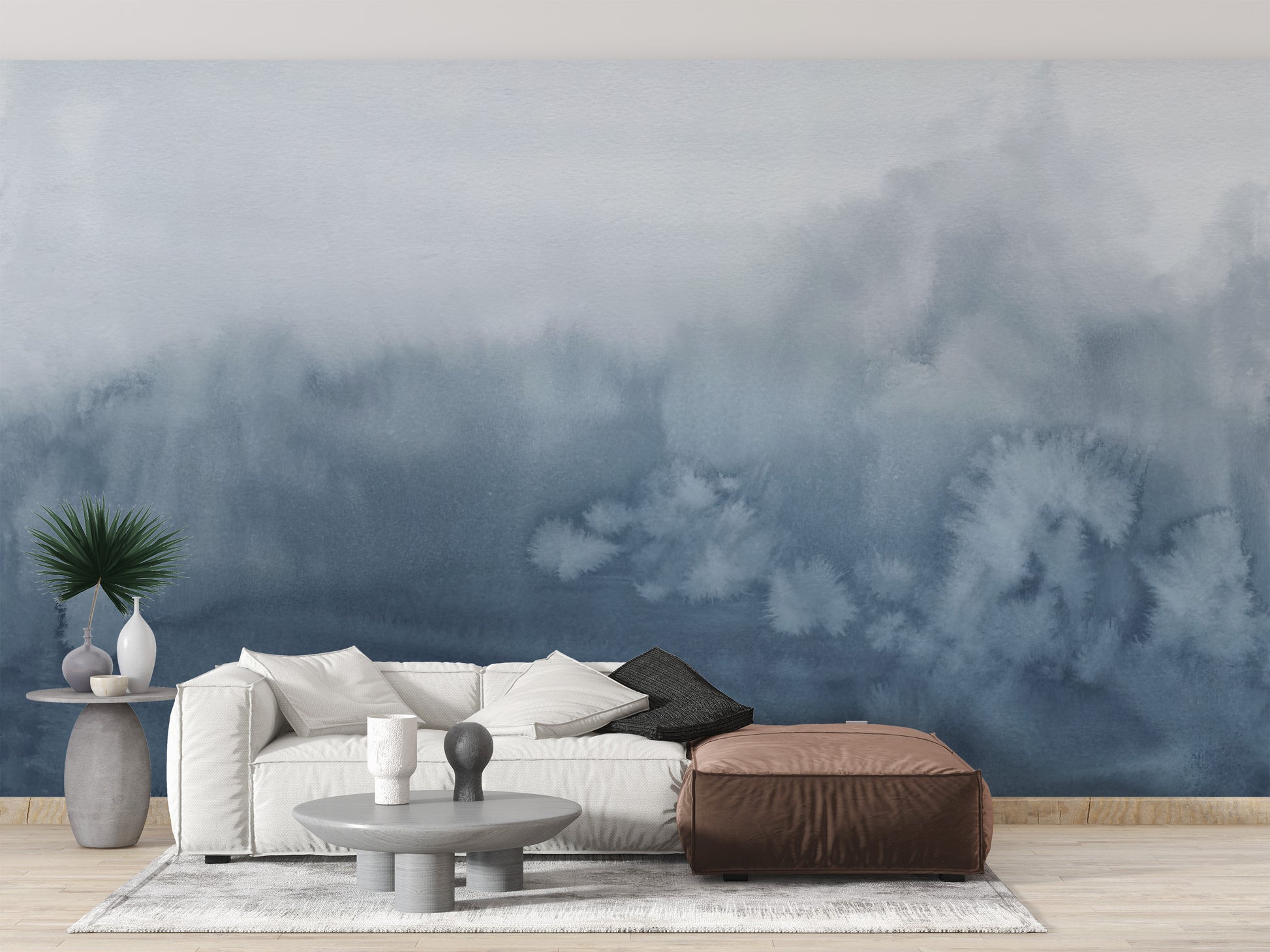 Blue watercolor wallpaper mural with artistic brushstrokes
