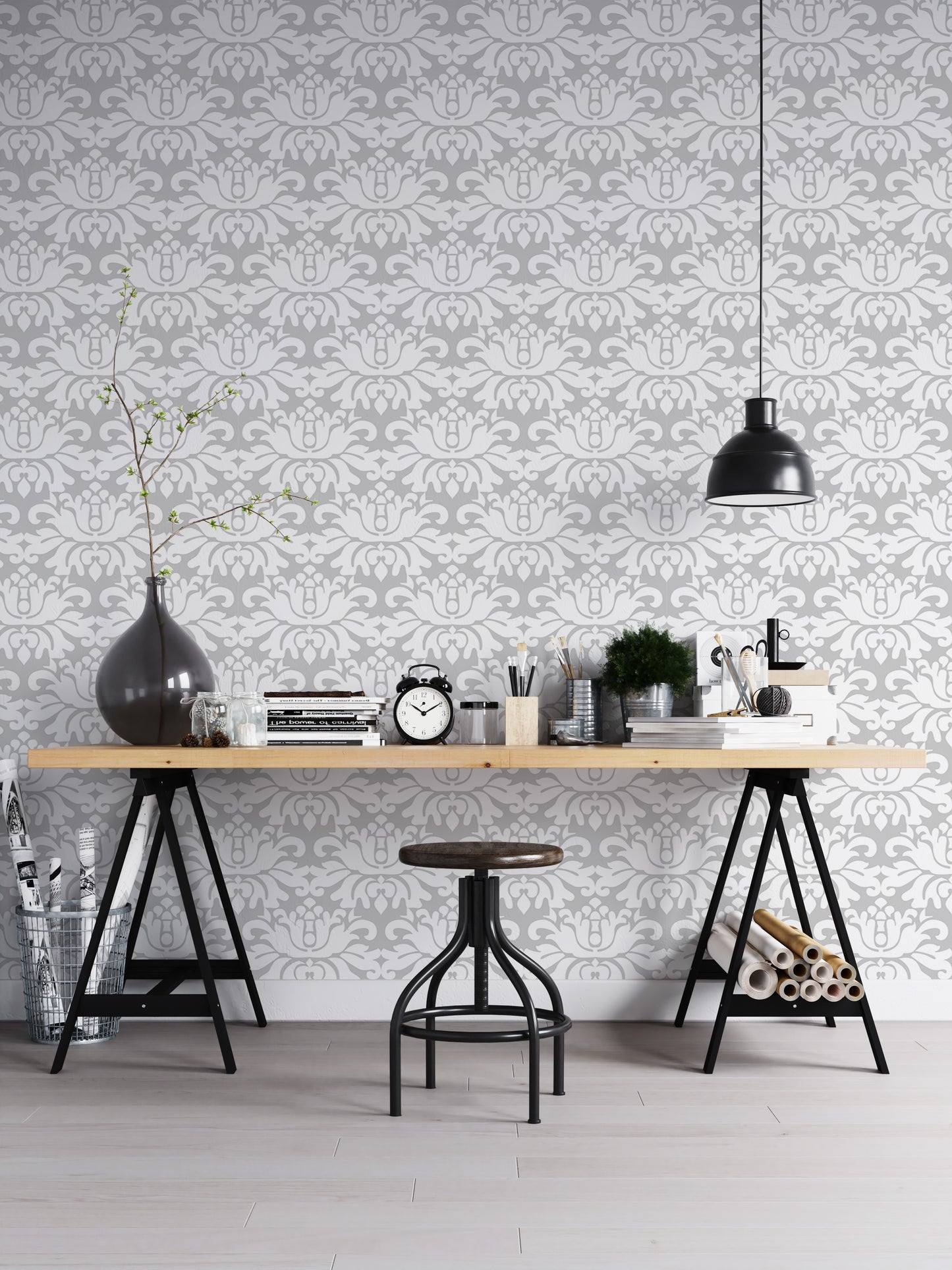 Stylish White Damask Repeat Pattern Peel and Stick Wallpaper