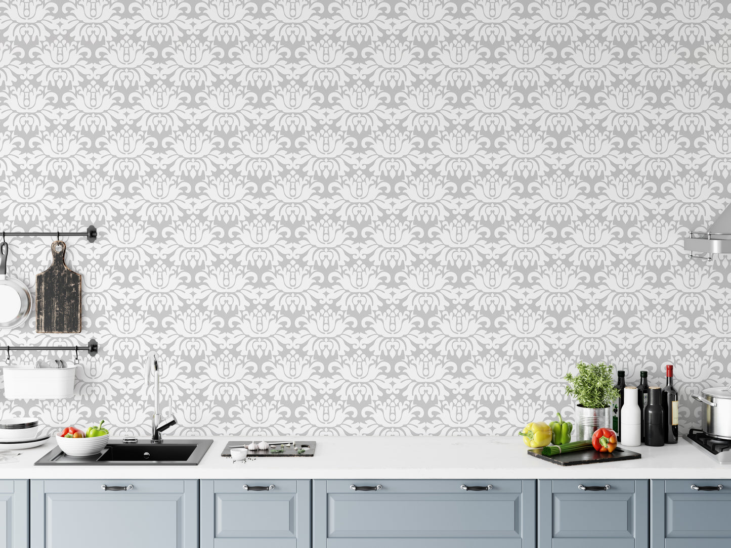 Stylish White Damask Repeat Pattern Peel and Stick Wallpaper