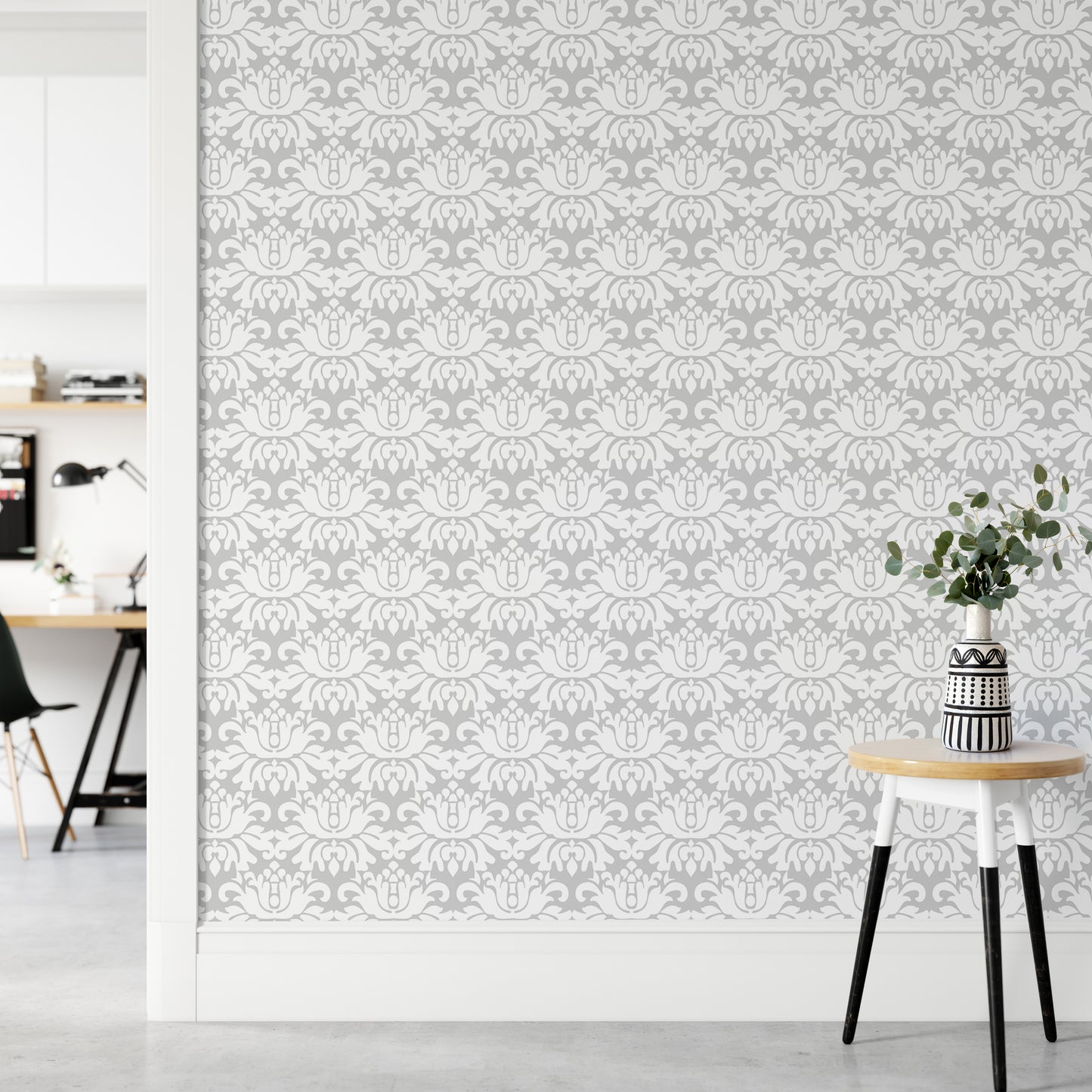 Stylish White Damask Repeat Pattern Peel and Stick Wallpaper