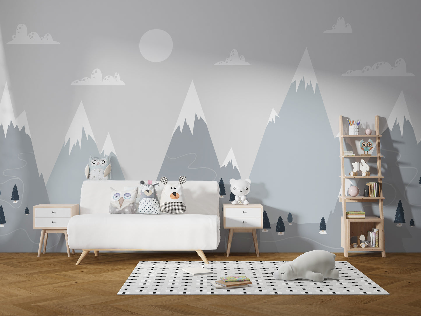 Modern wallpaper with alpine mural design
