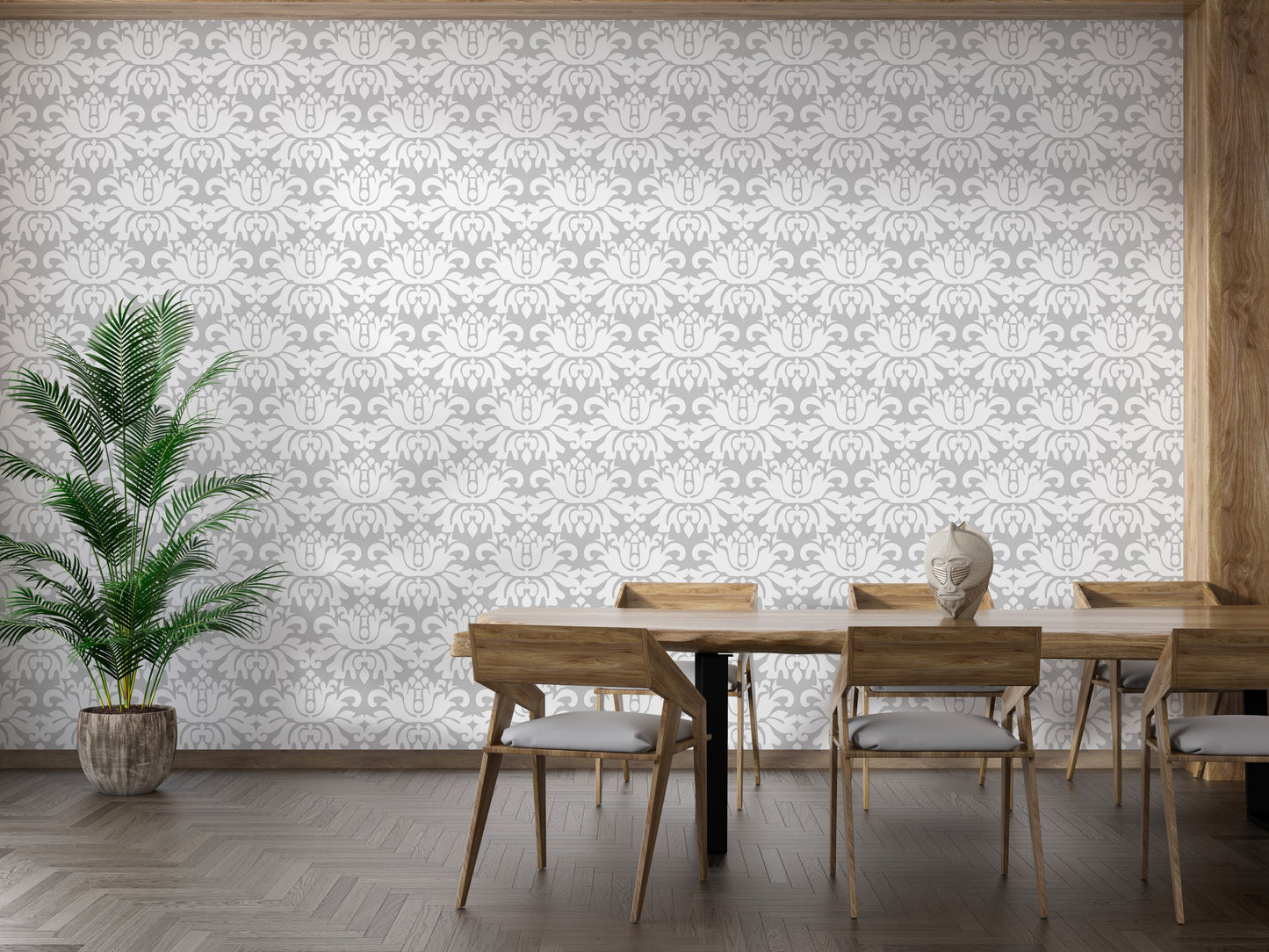 Stylish White Damask Repeat Pattern Peel and Stick Wallpaper