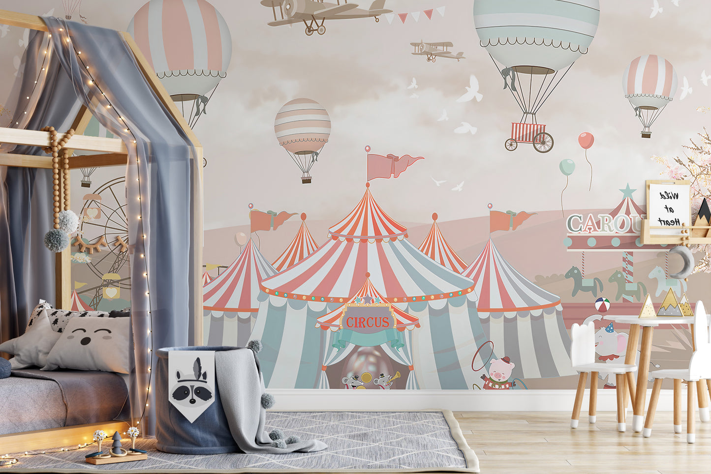 Fun-filled pink circus mural with performers